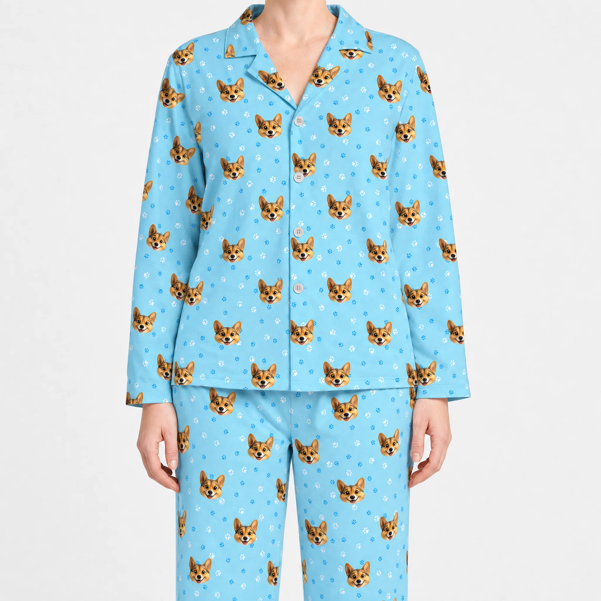 Adult Custom Cartoon Pet Face Pajamas - Light Blue Paws - Image 2