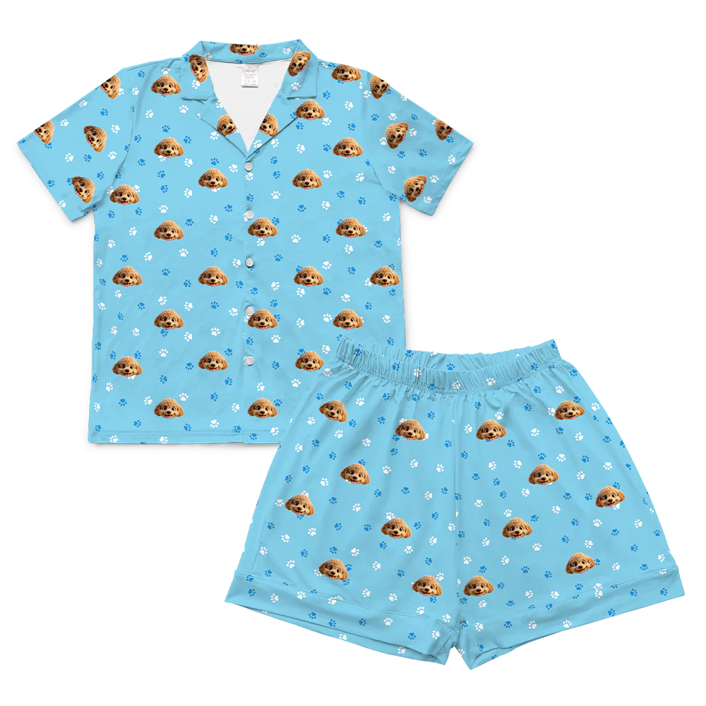 Adult Custom Cartoon Pet Face Pajamas - Light Blue Paws - Image 5