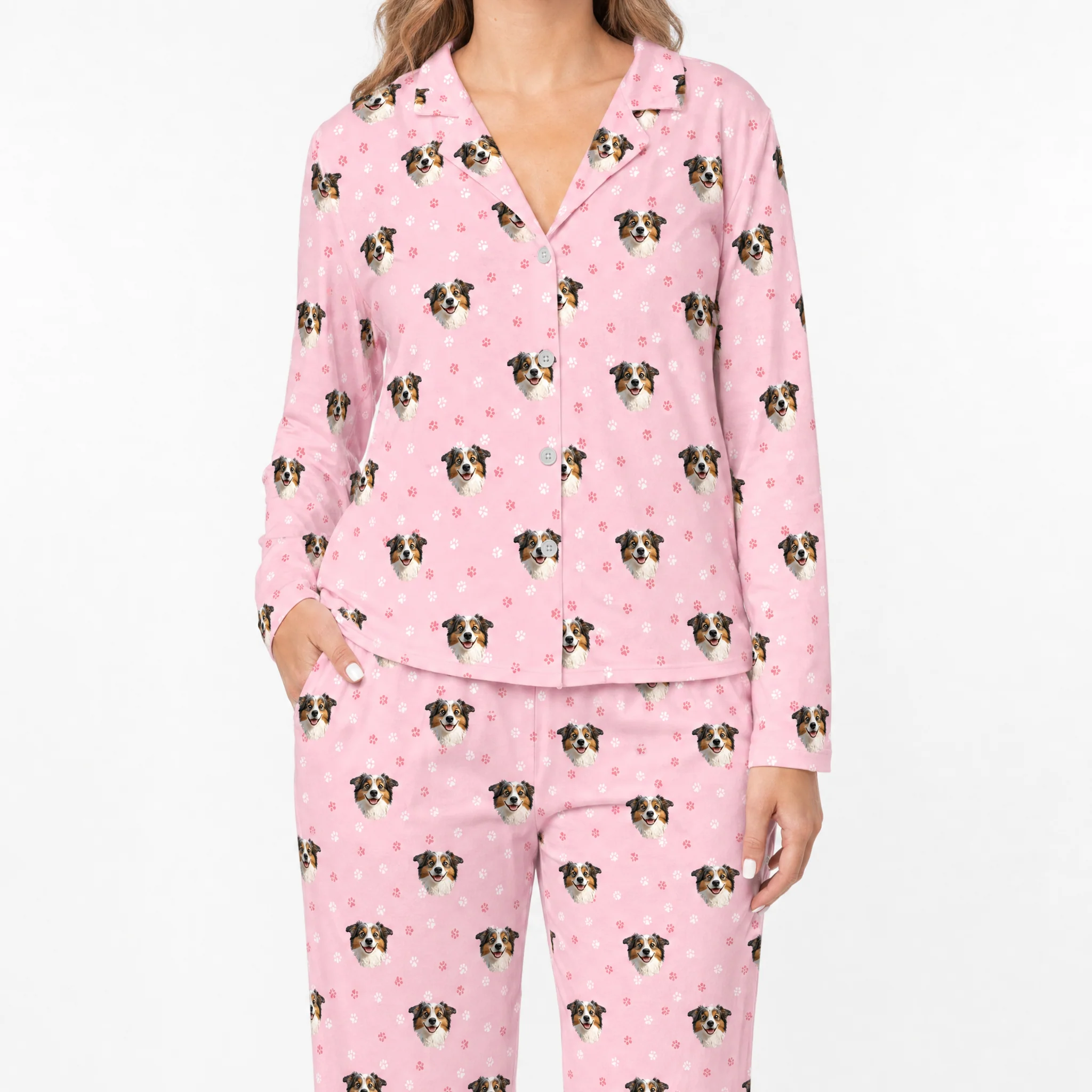 Adult Custom Cartoon Pet Face Pajamas - Light Pink Paws - Image 2