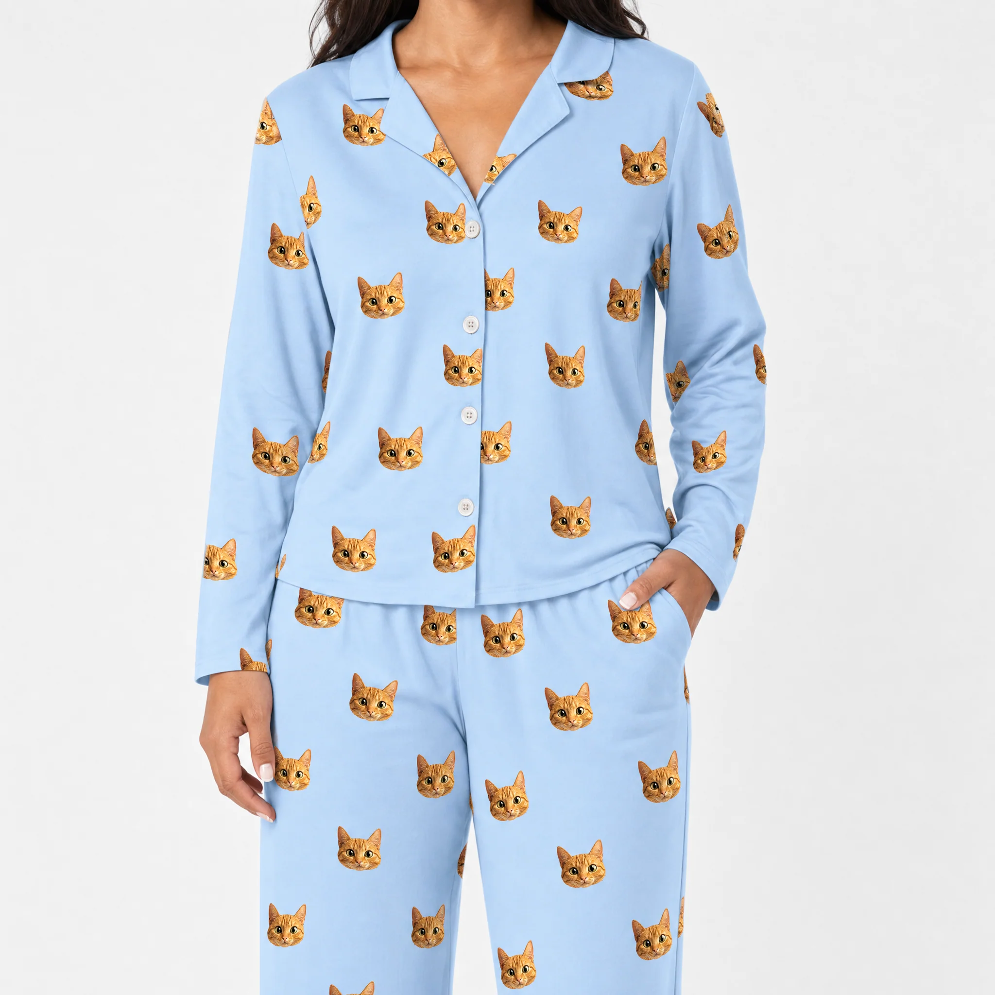 Adult Custom Cartoon Pet Face Pajamas - Sky Blue - Image 2