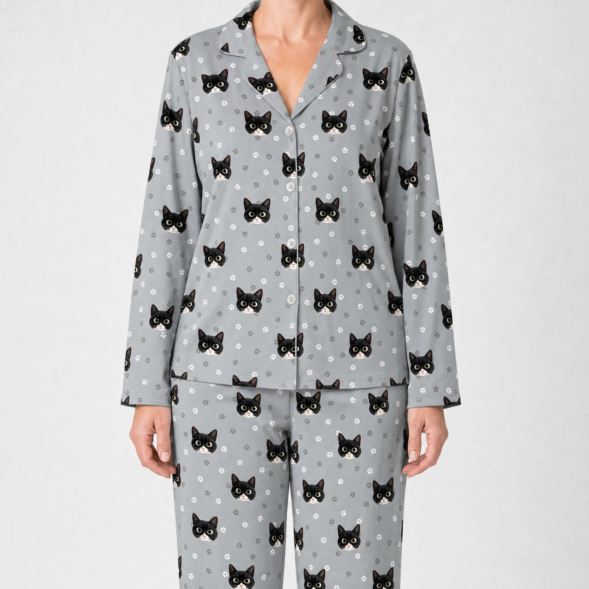 Adult Custom Cartoon Pet Face Pajamas - Slate Gray Paws - Image 2