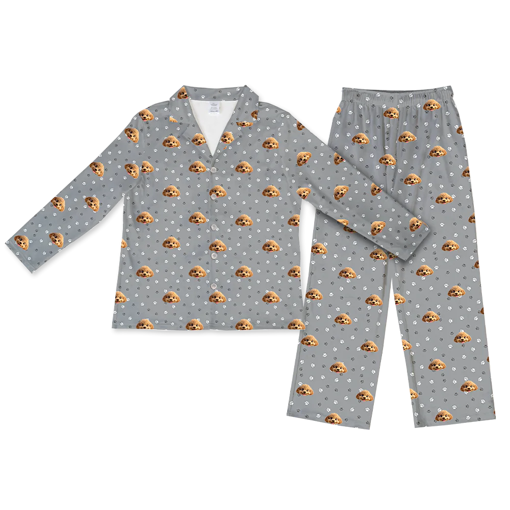 Adult Custom Cartoon Pet Face Pajamas - Slate Gray Paws - Image 4