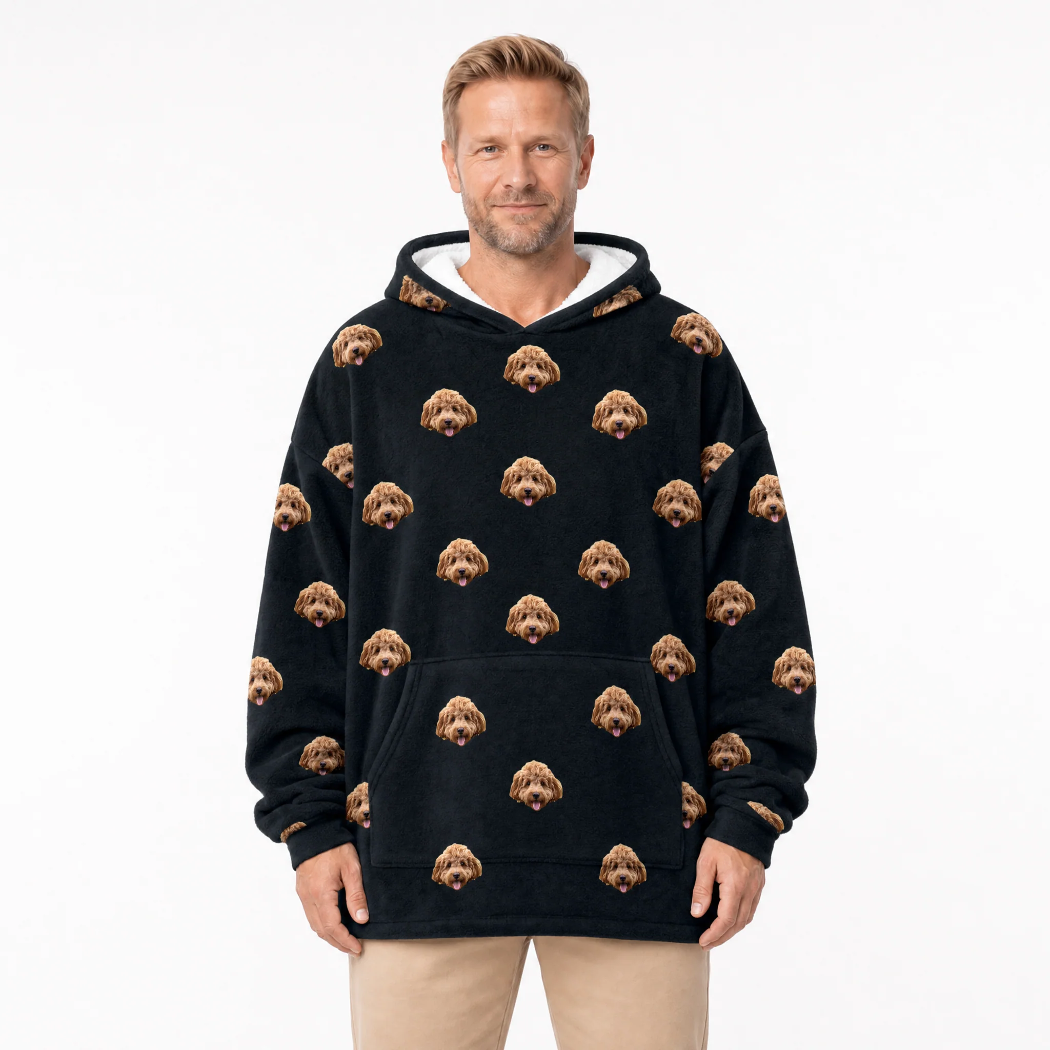 Adult Custom Pet Face Fleece Blanket Hoodie - Black - Image 2