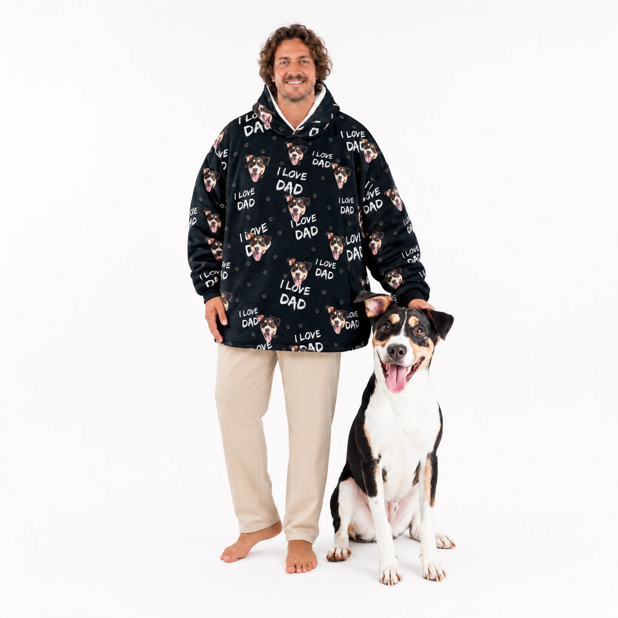 Adult Custom Pet Face Fleece Blanket Hoodie - I Love Dad - Image 2