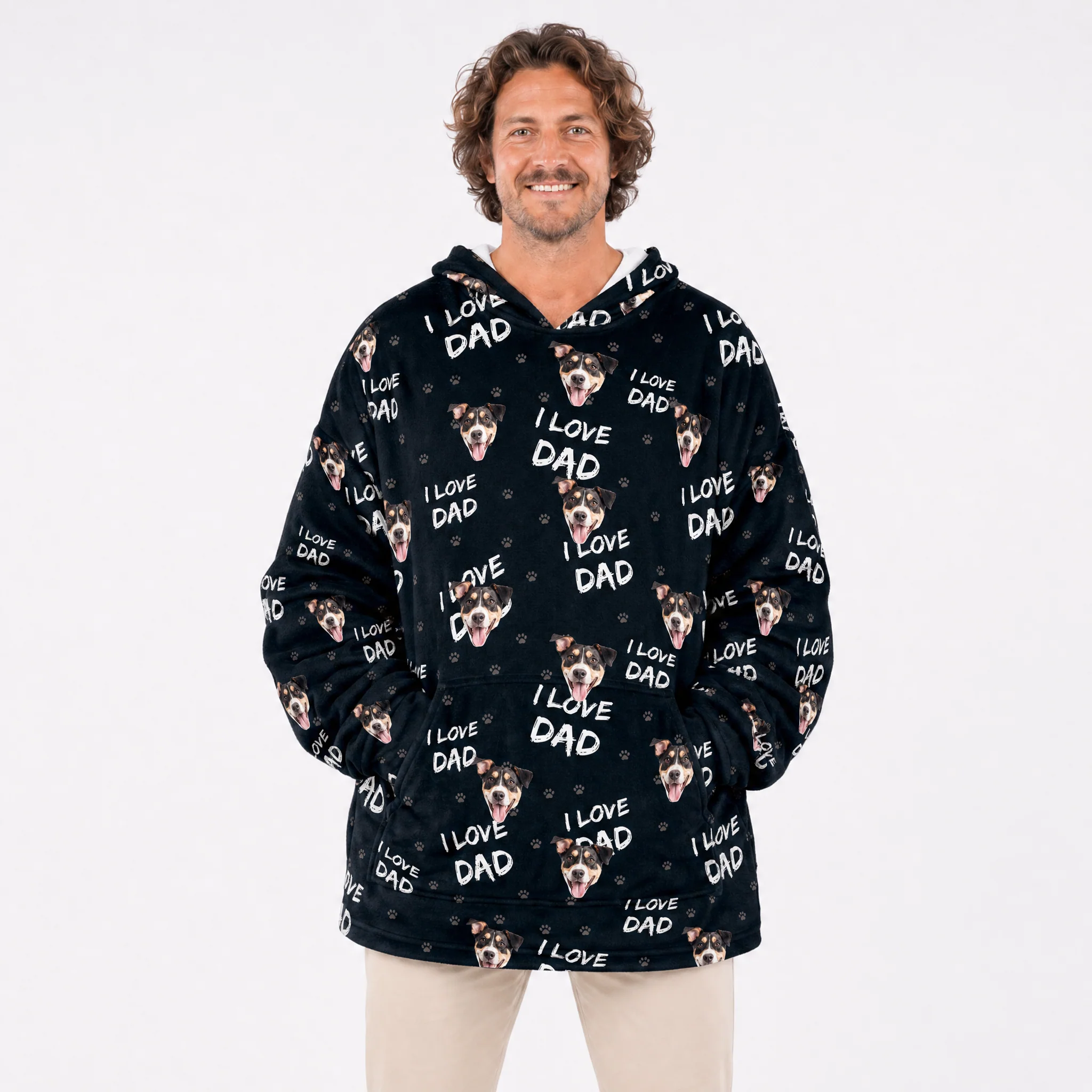Adult Custom Pet Face Fleece Blanket Hoodie - I Love Dad - Image 3