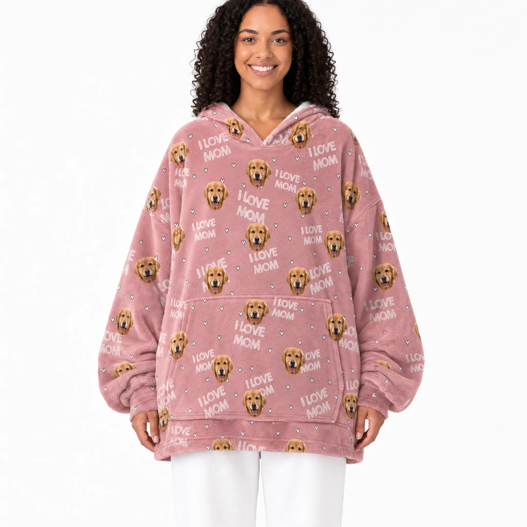 Adult Custom Pet Face Fleece Blanket Hoodie - I Love Mom - Image 2