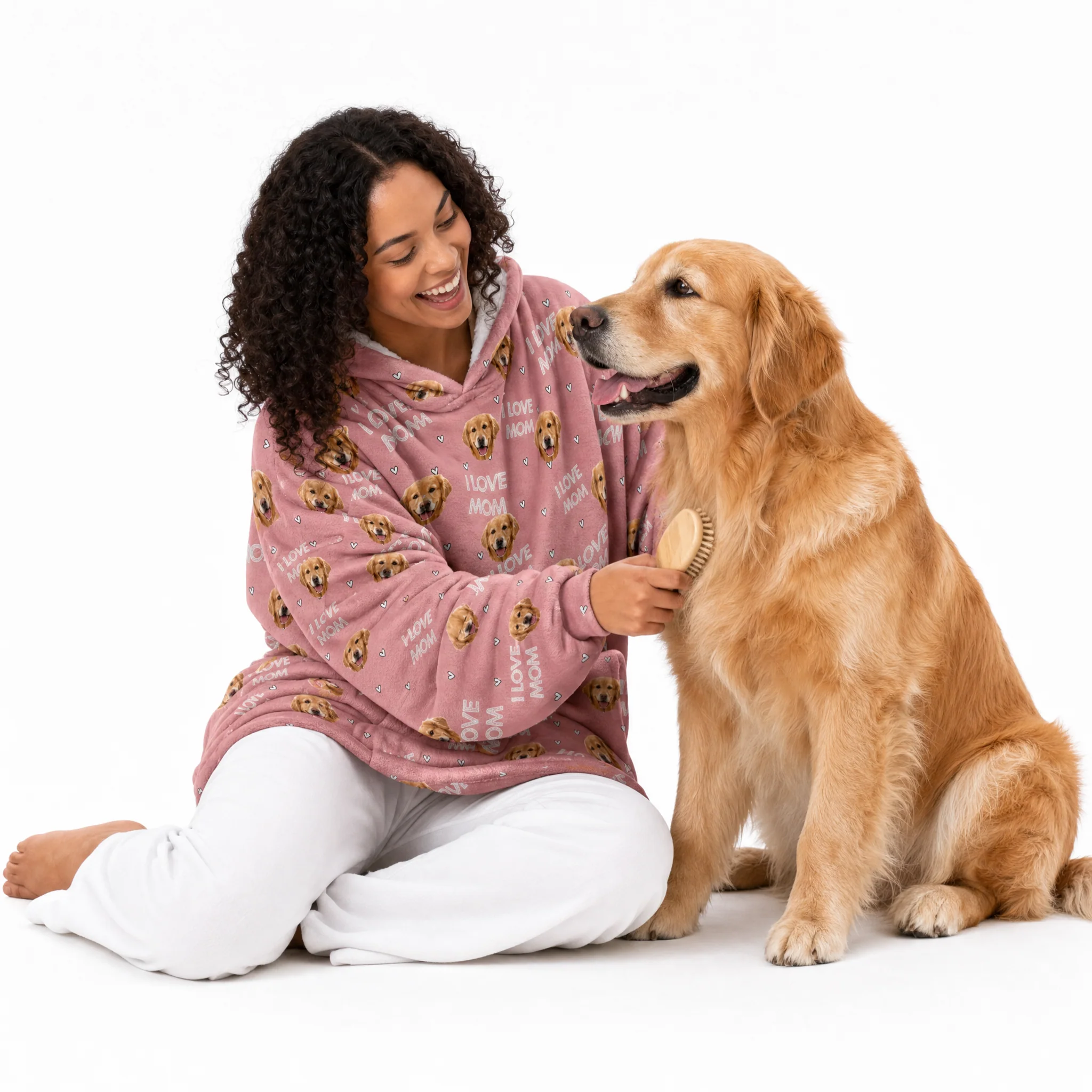 Adult Custom Pet Face Fleece Blanket Hoodie - I Love Mom - Image 3
