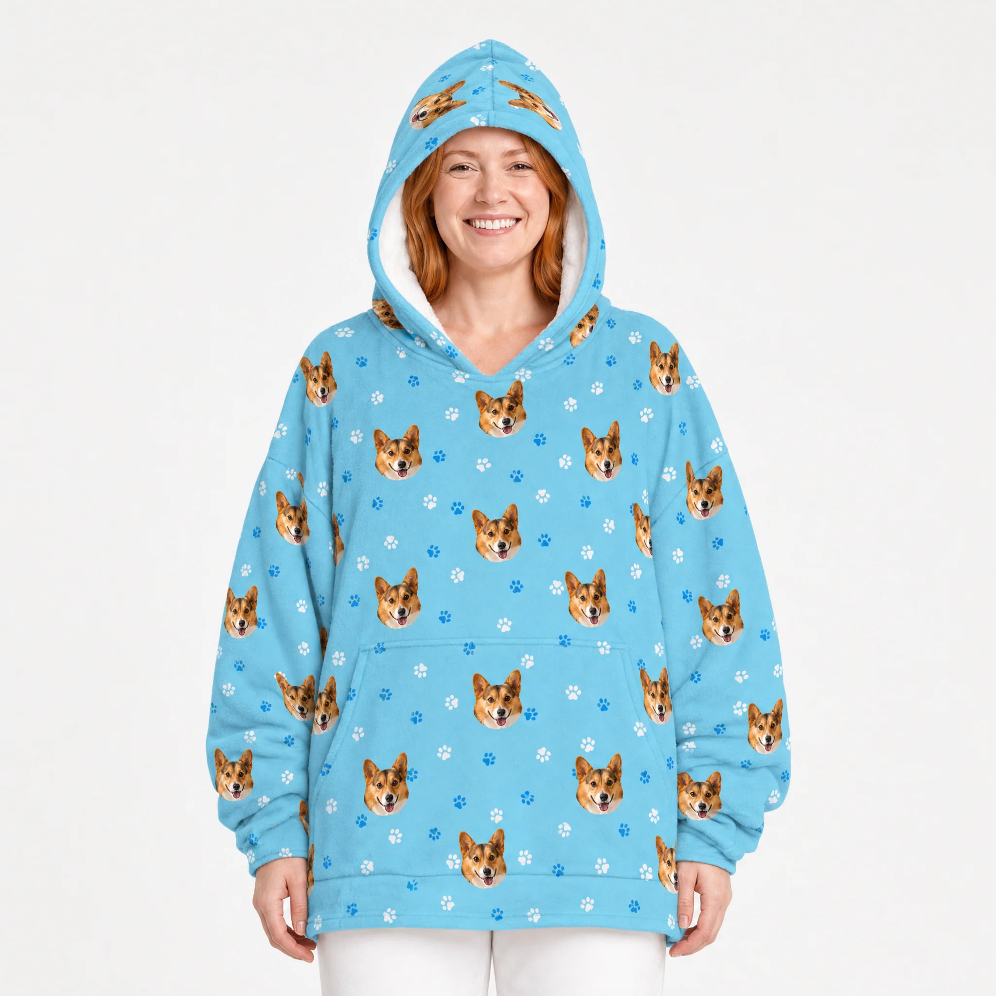 Adult Custom Pet Face Fleece Blanket Hoodie - Light Blue Paws - Image 2