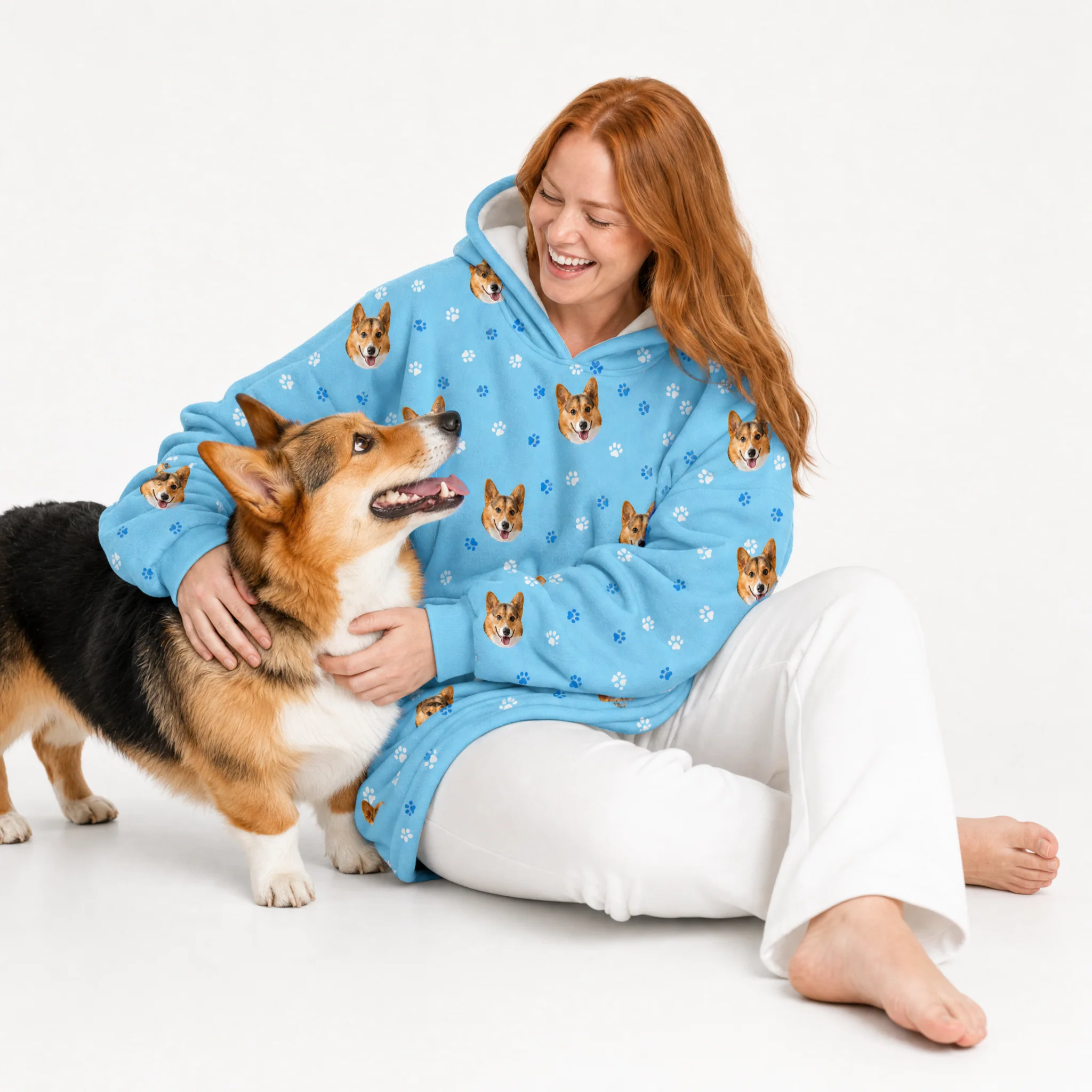 Adult Custom Pet Face Fleece Blanket Hoodie - Light Blue Paws - Image 3