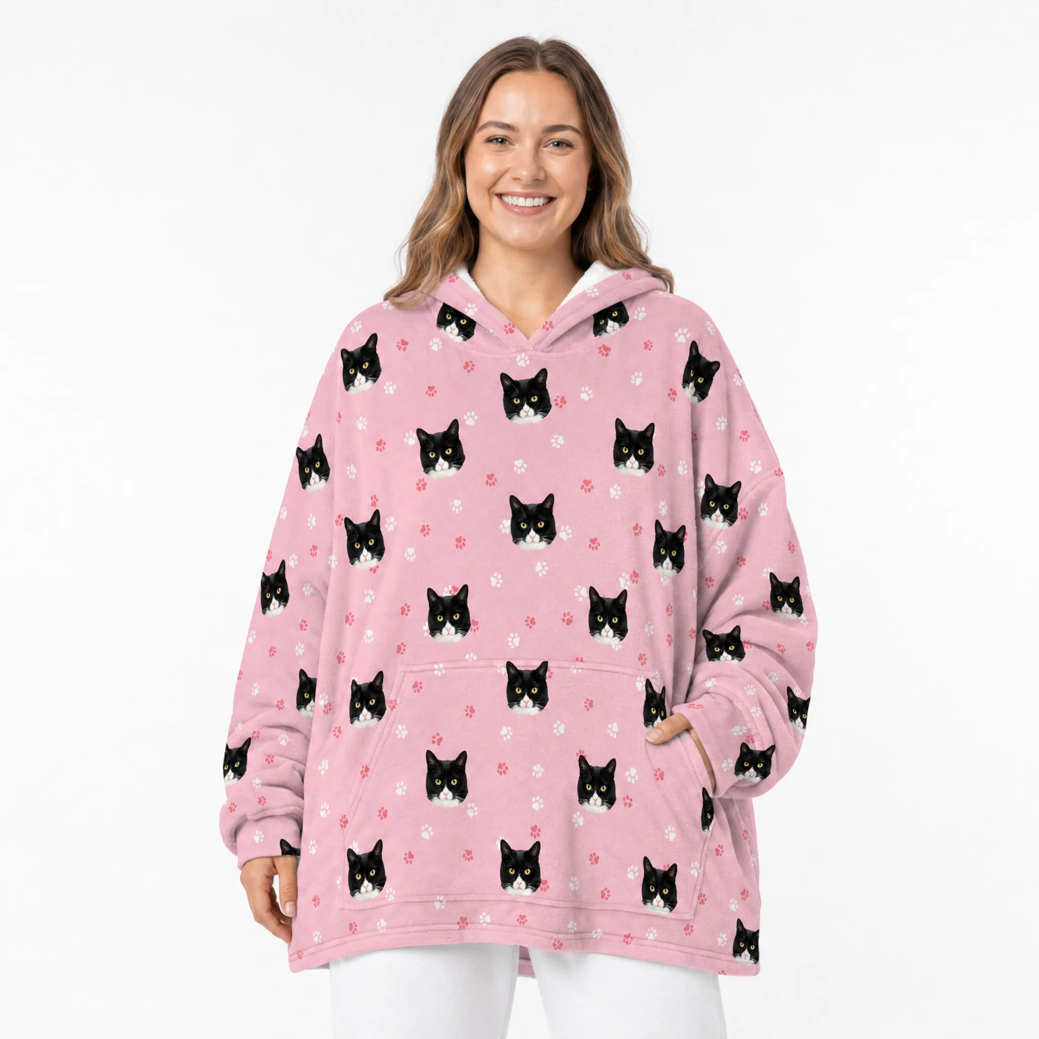 Adult Custom Pet Face Fleece Blanket Hoodie - Light Pink Paws - Image 2
