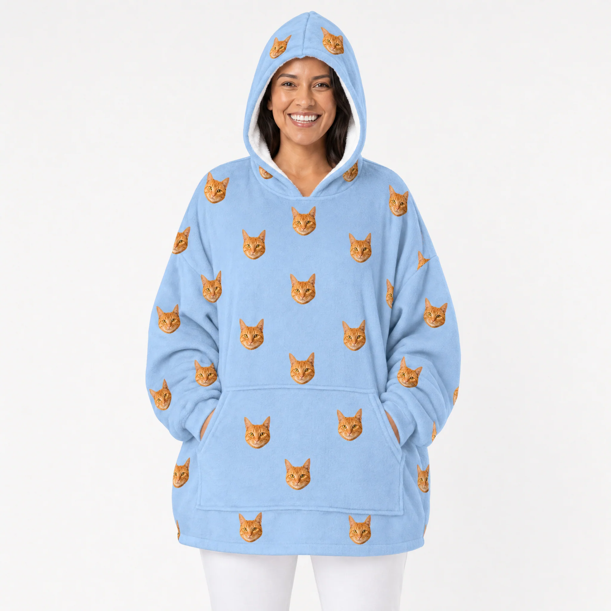 Adult Custom Pet Face Fleece Blanket Hoodie - Sky Blue - Image 2