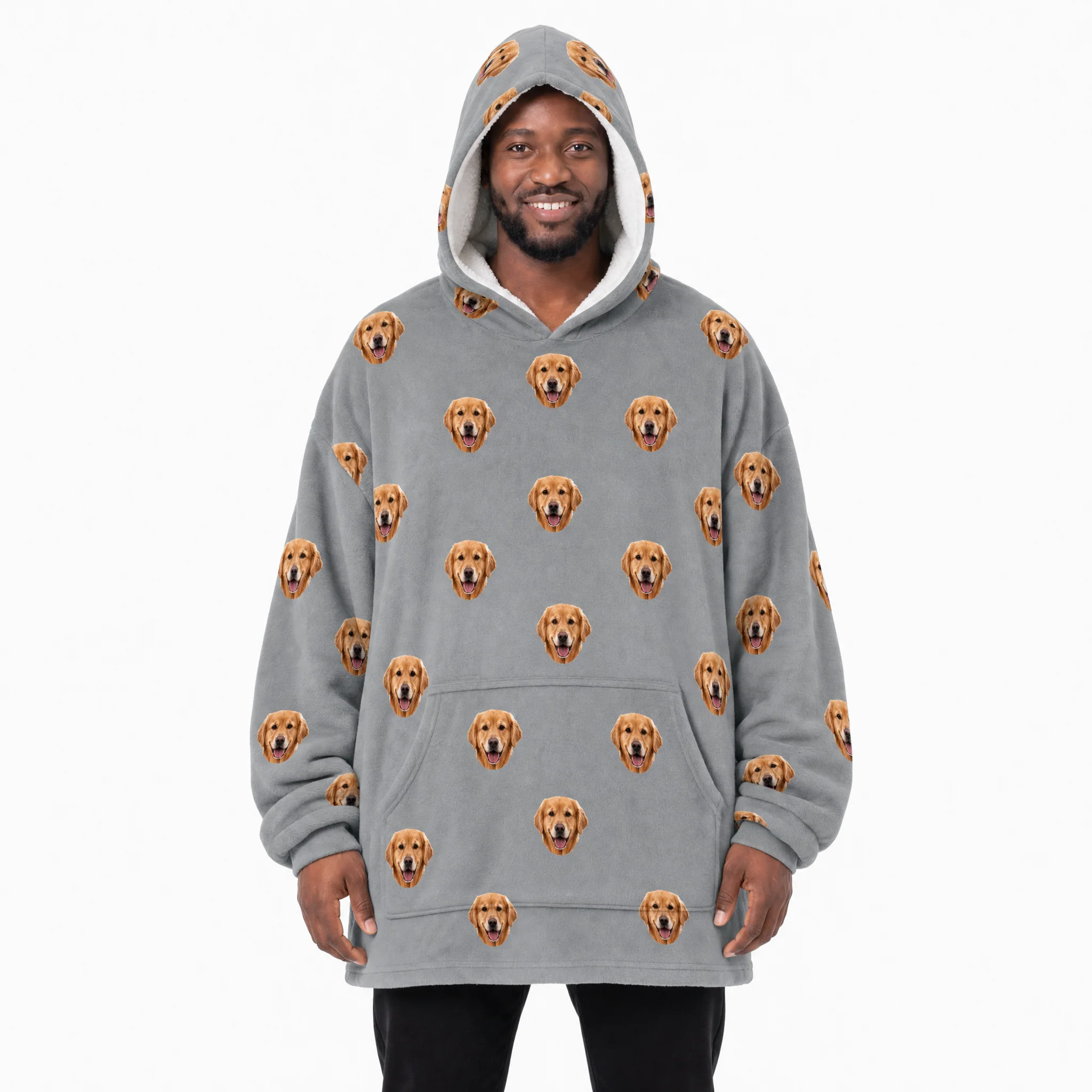 Adult Custom Pet Face Fleece Blanket Hoodie - Slate Gray - Image 2
