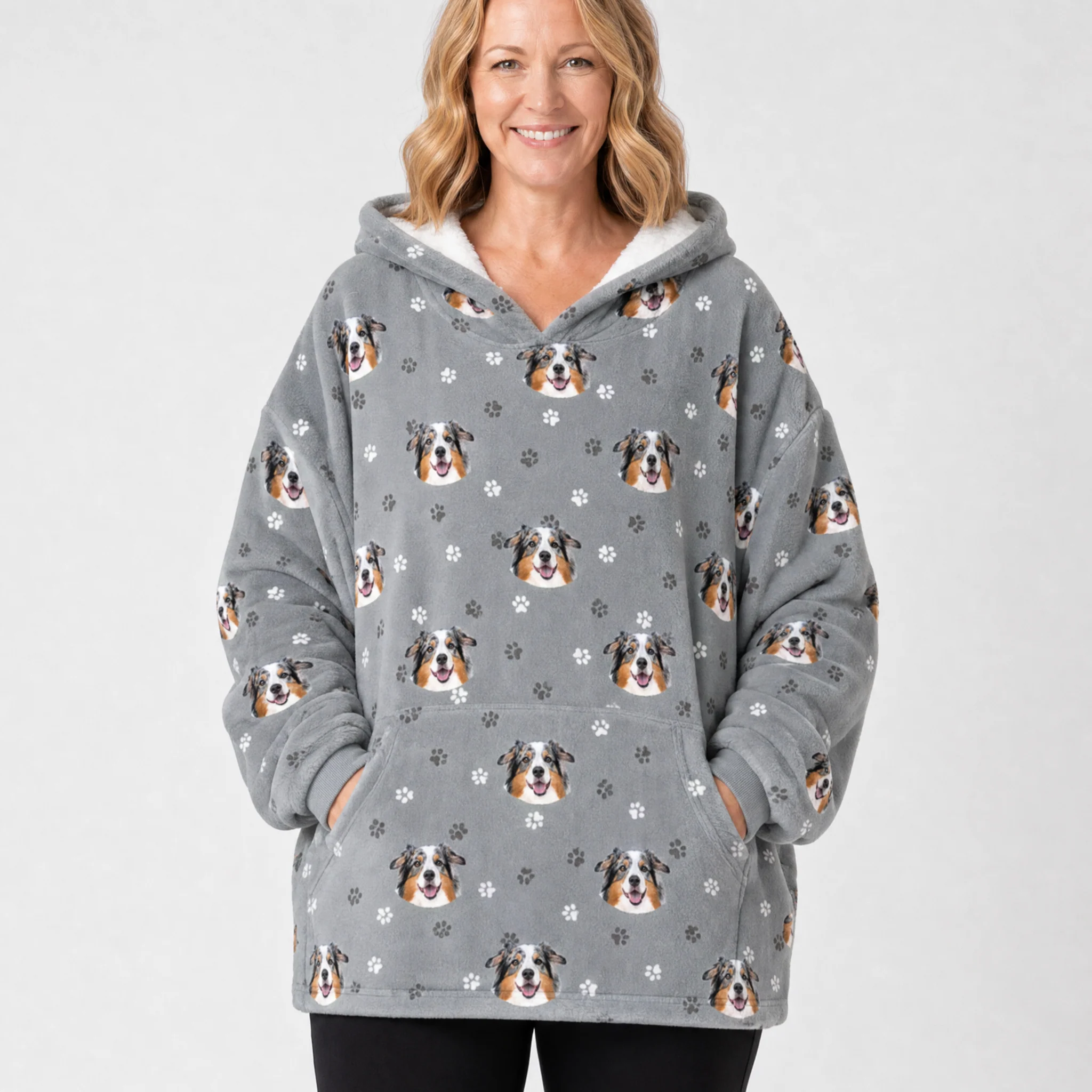 Adult Custom Pet Face Fleece Blanket Hoodie - Slate Gray Paws - Image 2