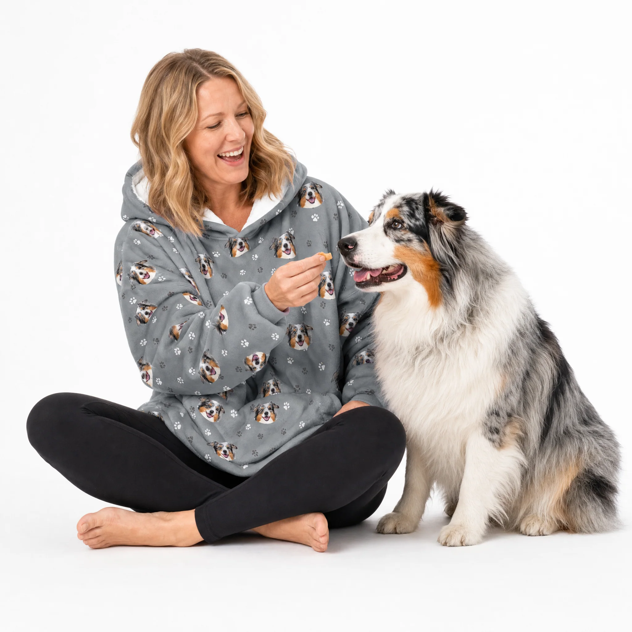 Adult Custom Pet Face Fleece Blanket Hoodie - Slate Gray Paws - Image 3