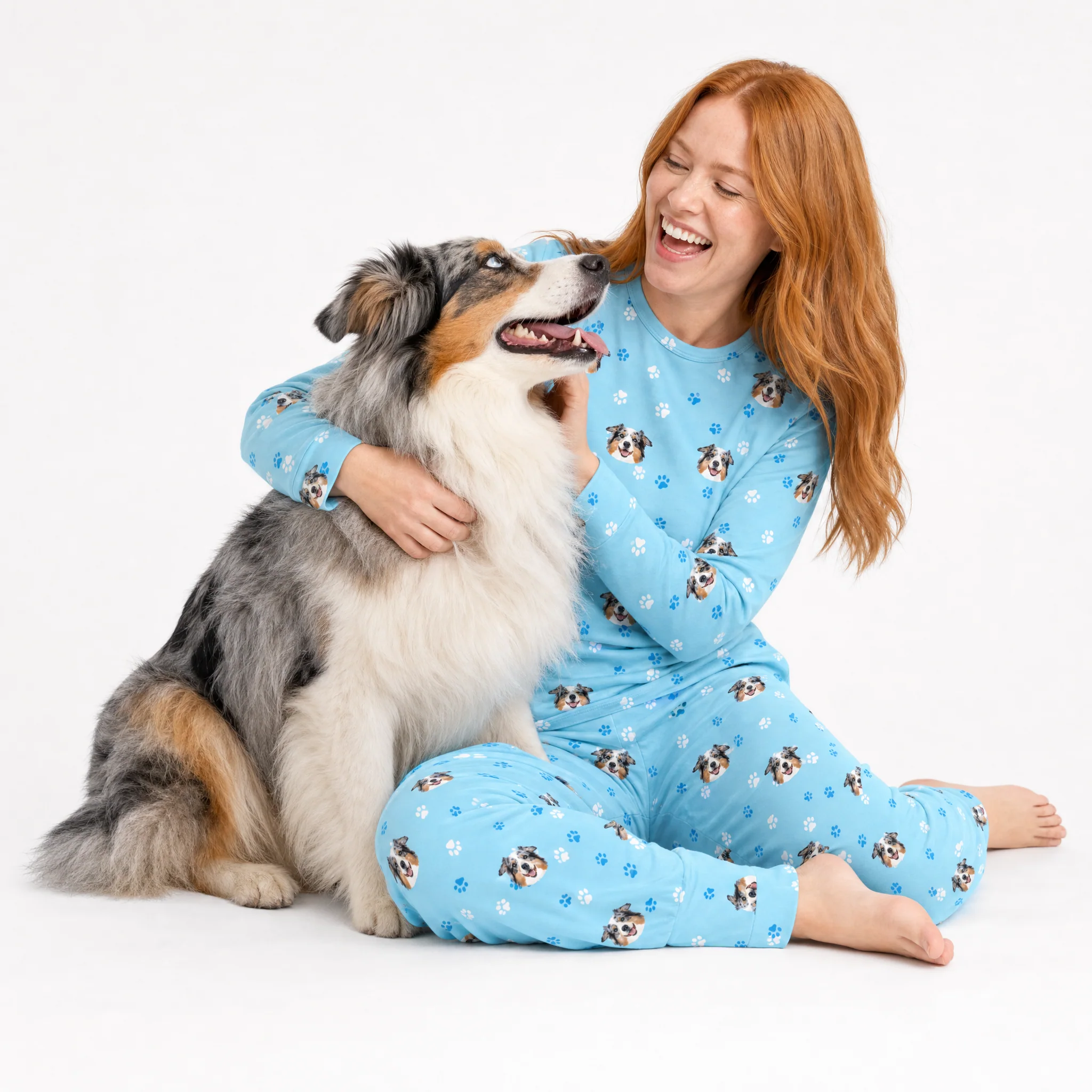 Adult Custom Pet Face Jogger Pajamas - Light Blue Paws - Image 3