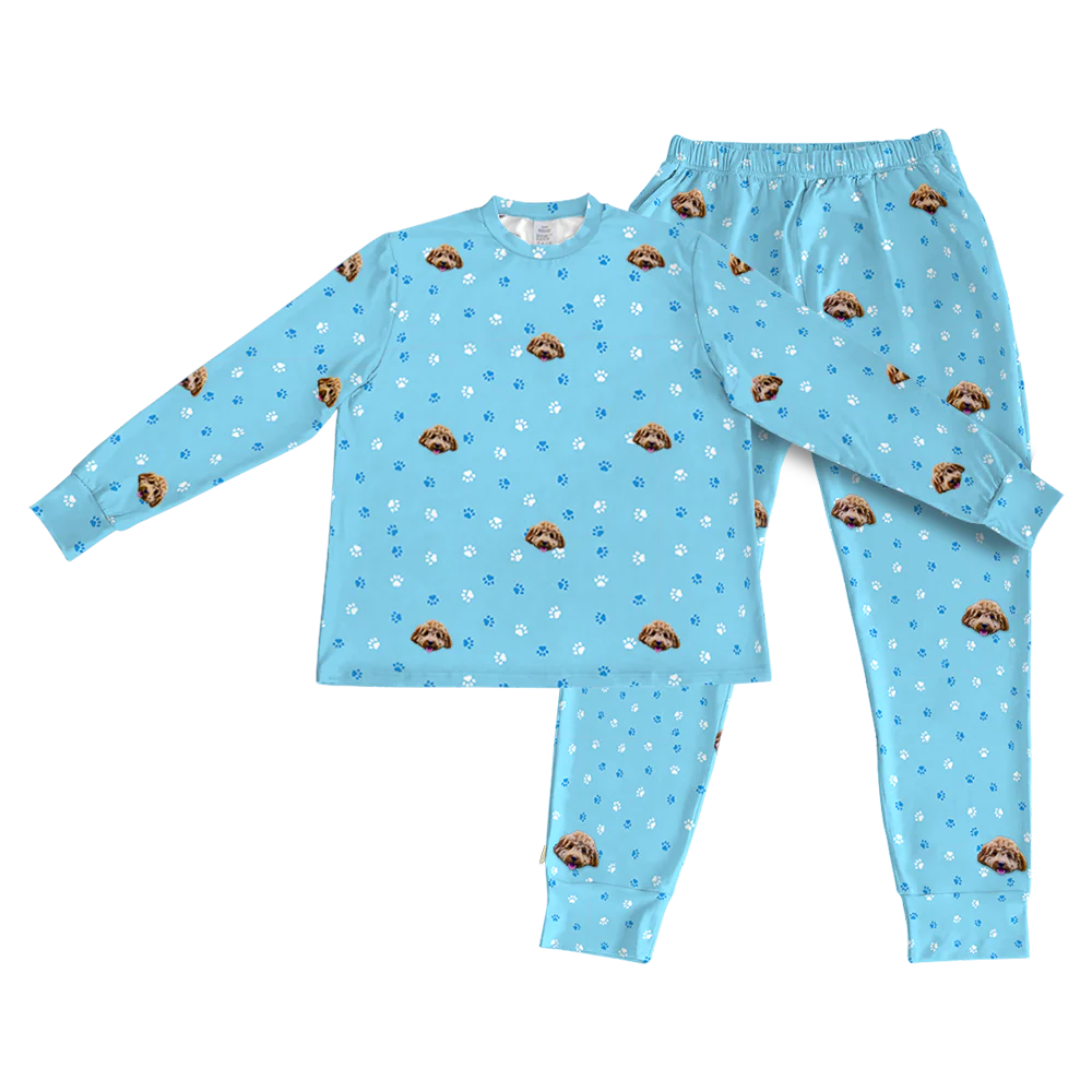 Adult Custom Pet Face Jogger Pajamas - Light Blue Paws - Image 4