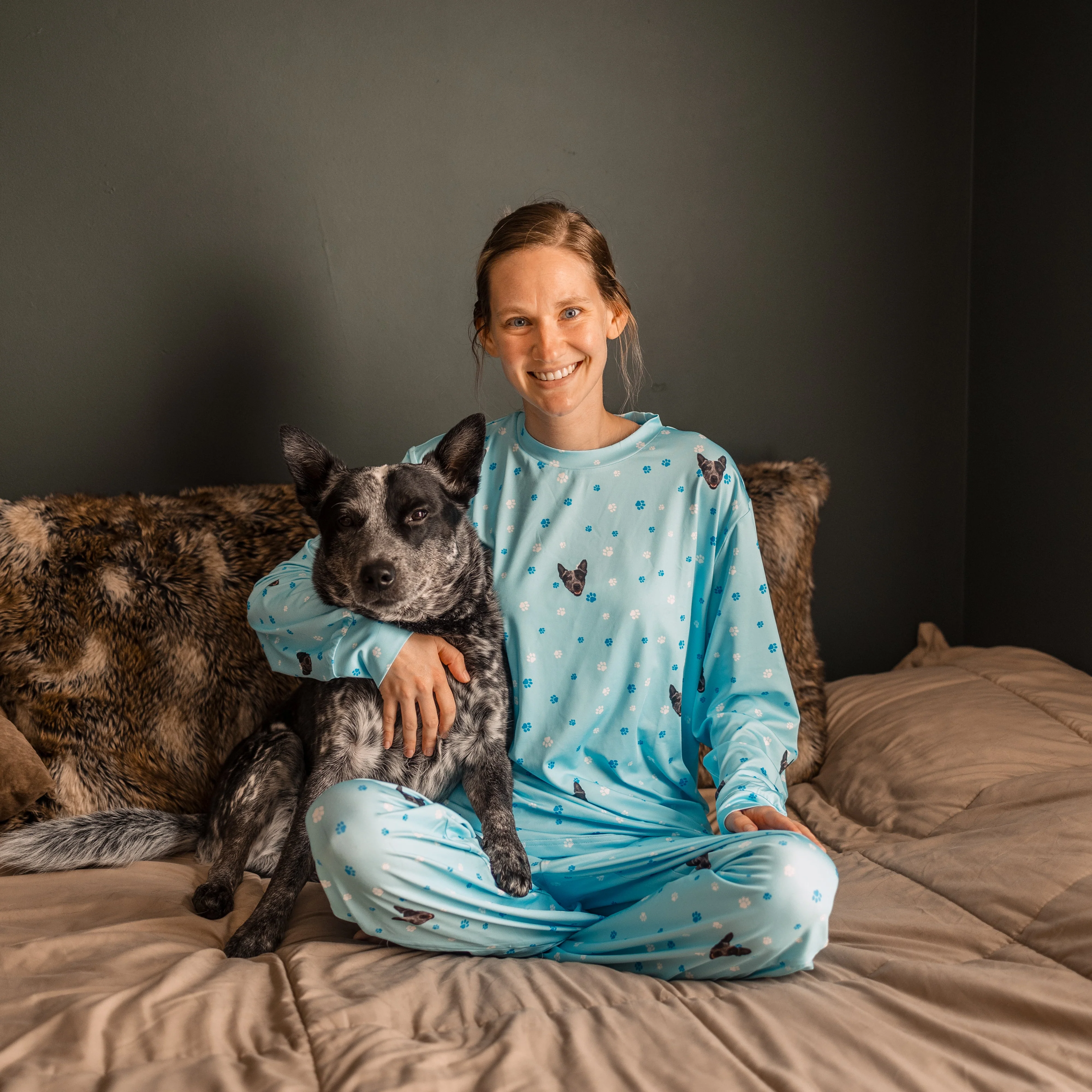 Adult Custom Pet Face Jogger Pajamas - Light Blue Paws - Image 7