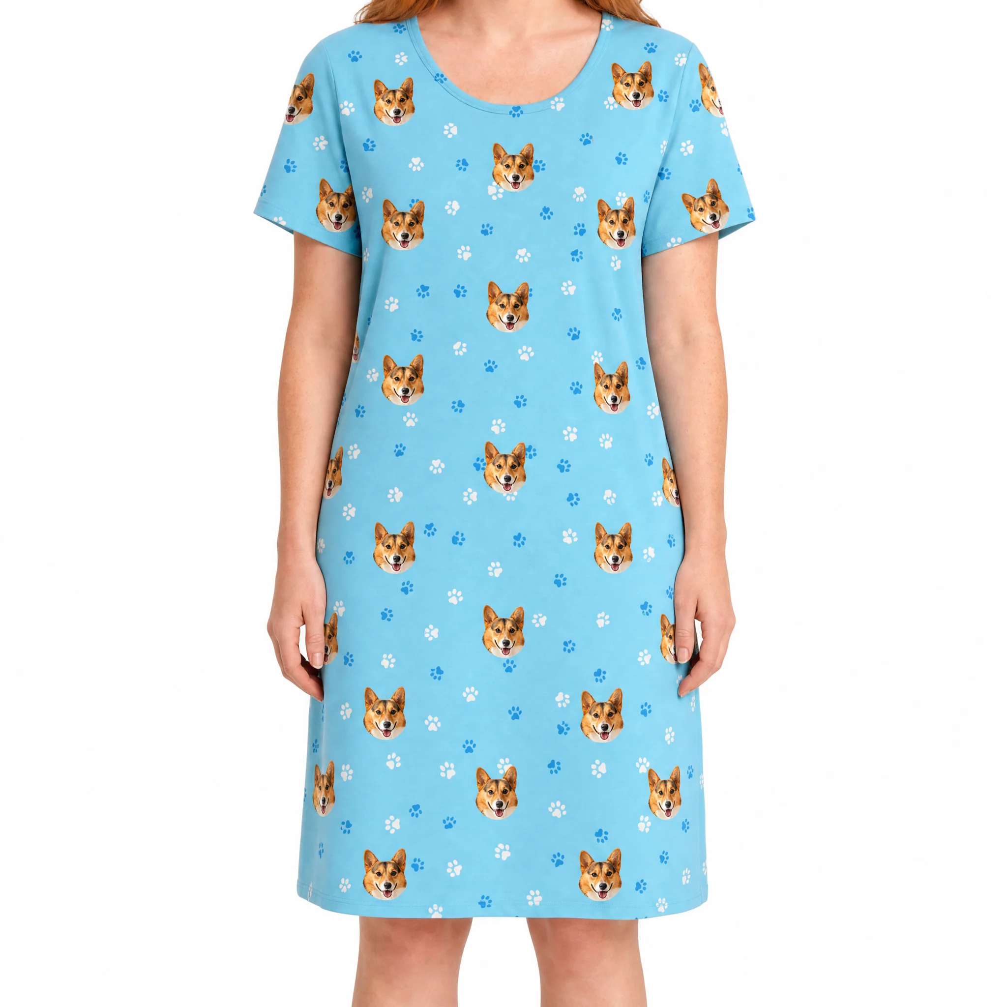 Adult Custom Pet Face Nightgowns - Light Blue Paws - Image 2