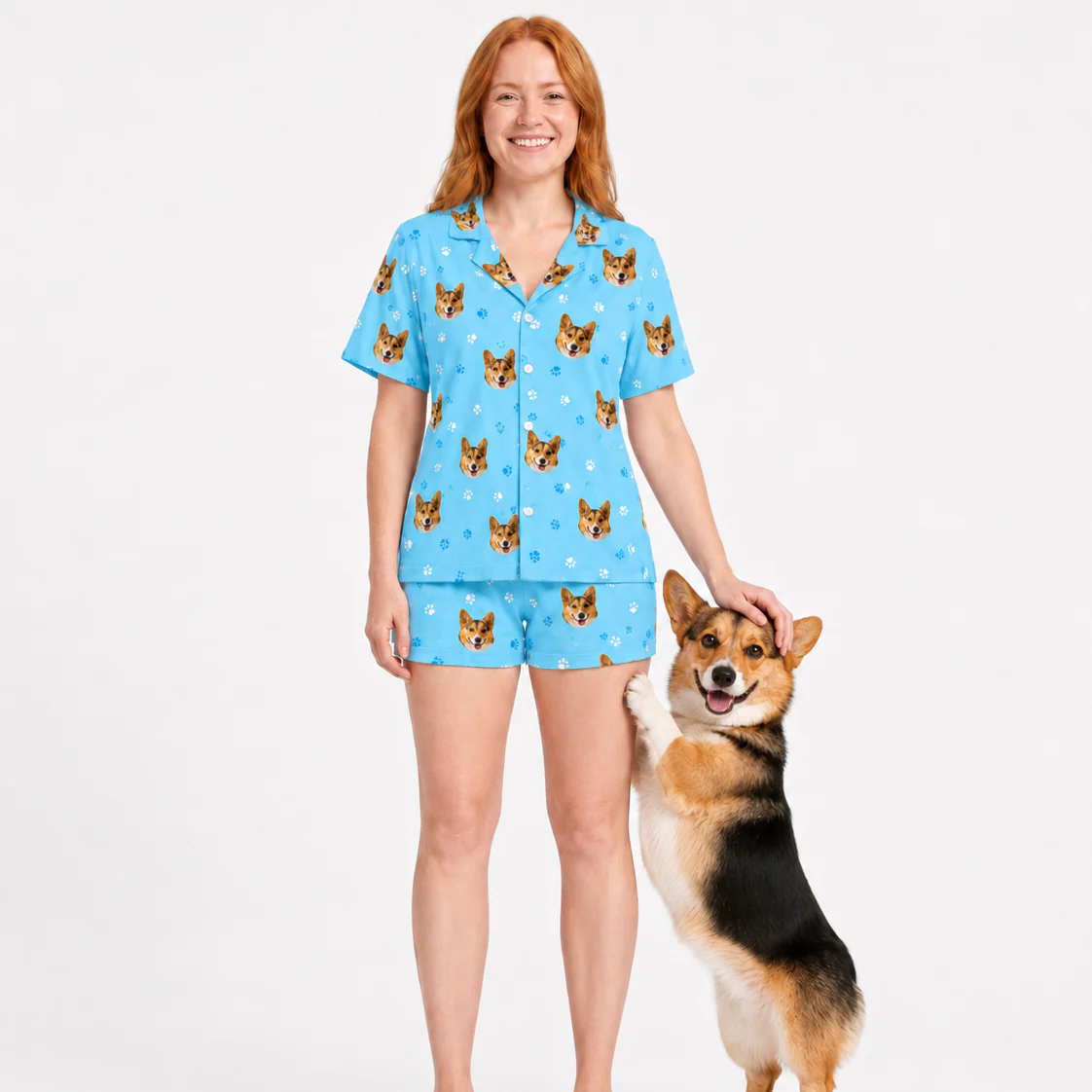 Adult Custom Pet Face Pajamas - Light Blue Paws