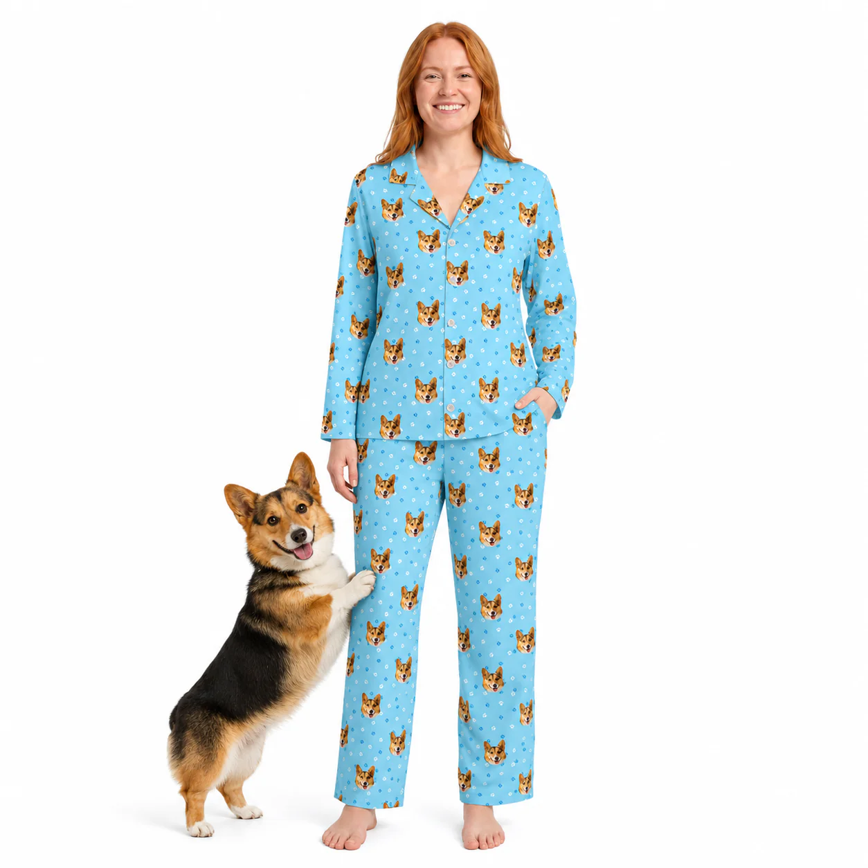 Adult Custom Pet Face Pajamas - Light Blue Paws - Image 2