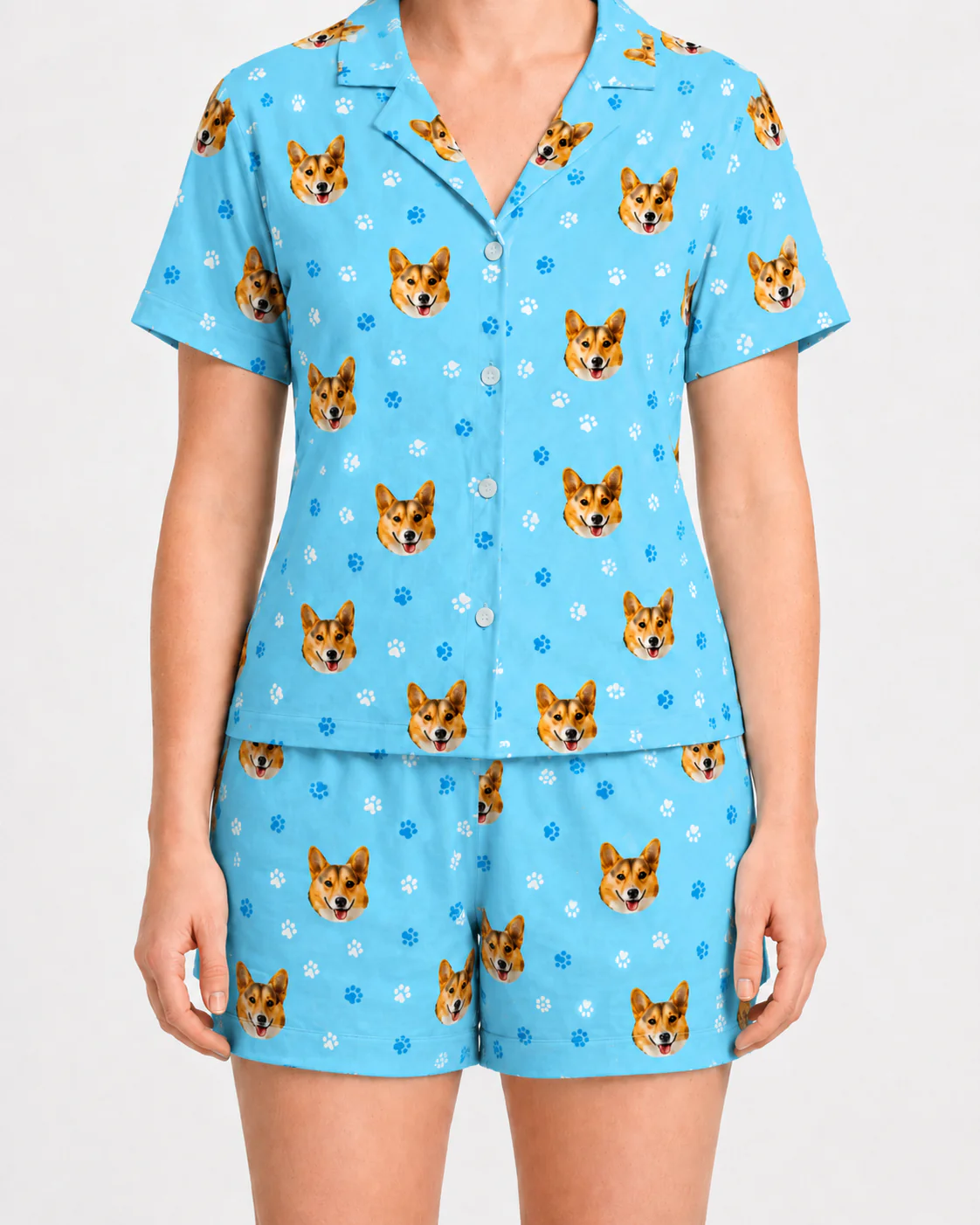 Adult Custom Pet Face Pajamas - Light Blue Paws - Image 3