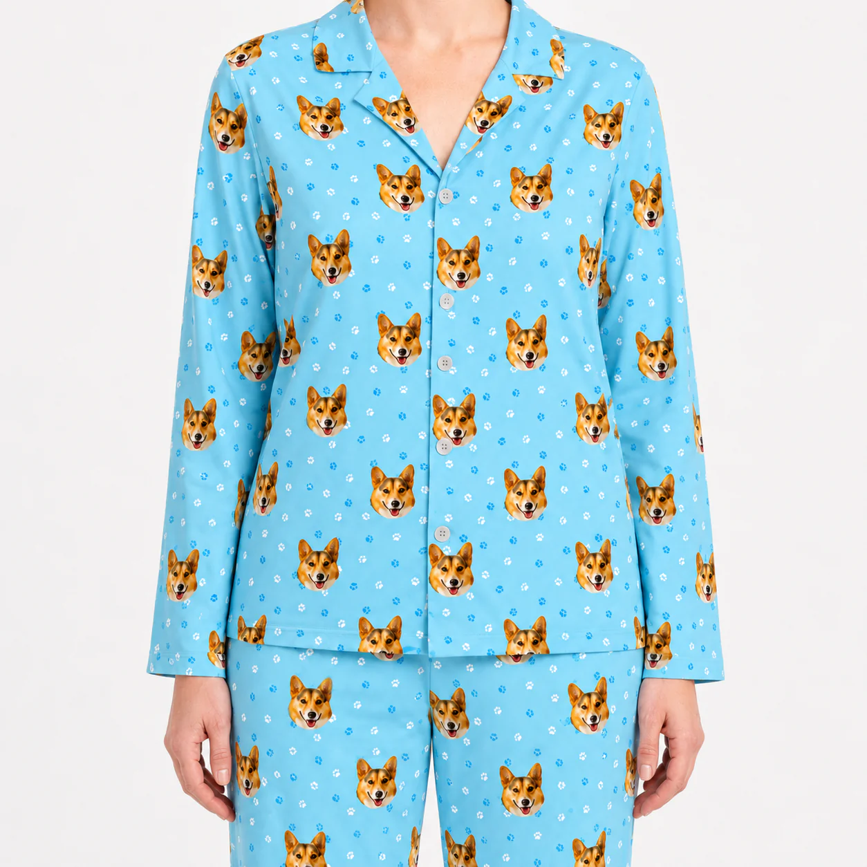 Adult Custom Pet Face Pajamas - Light Blue Paws - Image 4