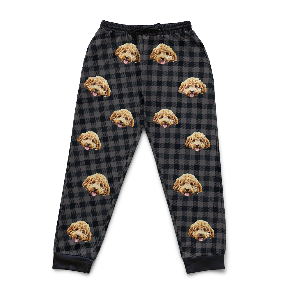 Adult Custom Pet Face Sweatpants - Black Charcoal Plaid - Image 4