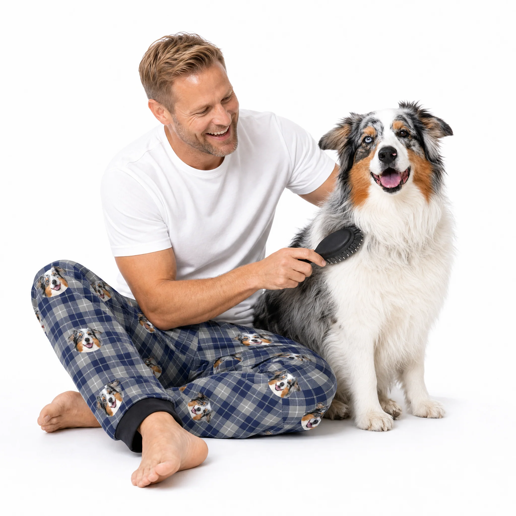 Adult Custom Pet Face Sweatpants - Navy & Gray Plaid - Image 3