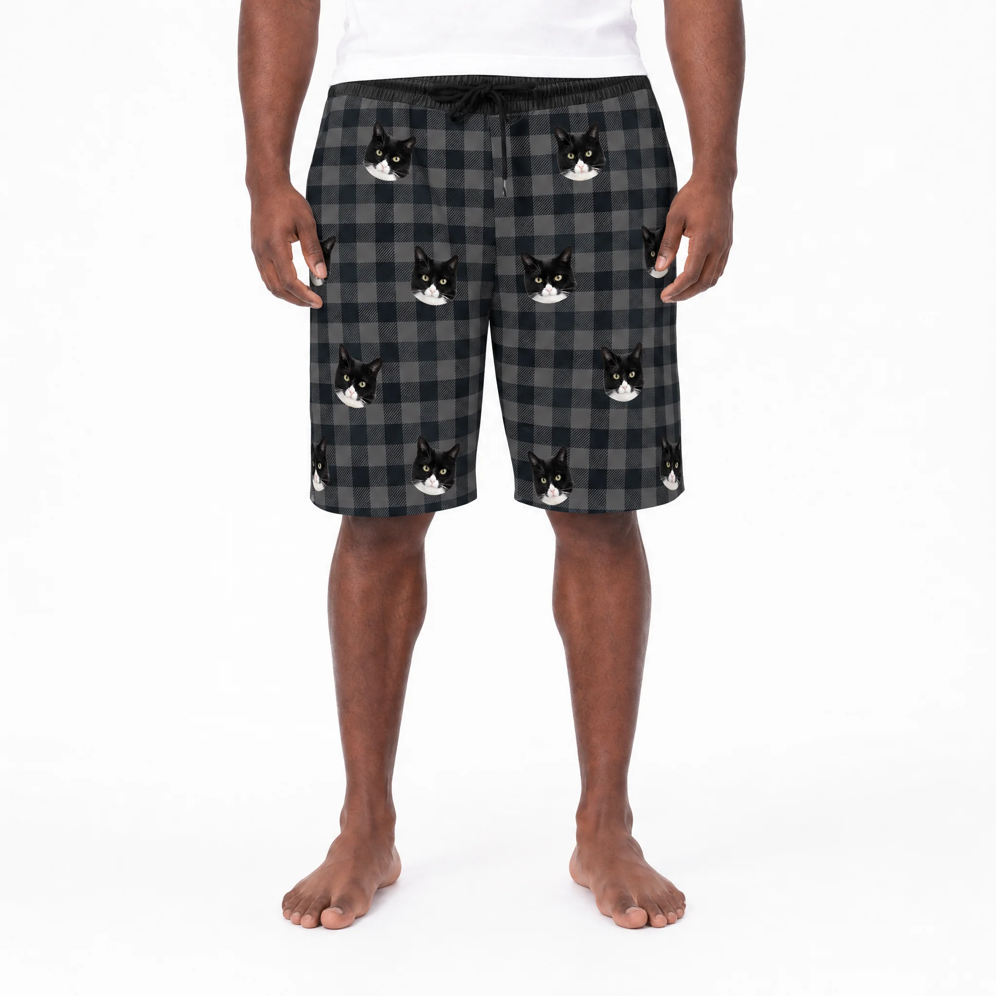Adult Custom Pet Face Sweatshorts - Black Charcoal Plaid - Image 2