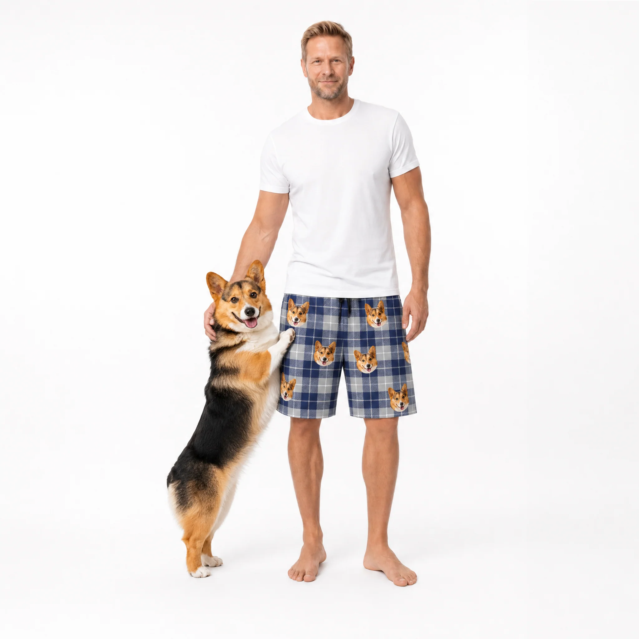Adult Custom Pet Face Sweatshorts - Navy & Gray Plaid