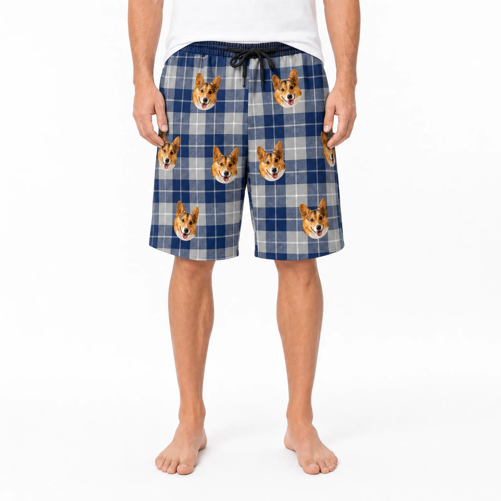 Adult Custom Pet Face Sweatshorts - Navy & Gray Plaid - Image 2