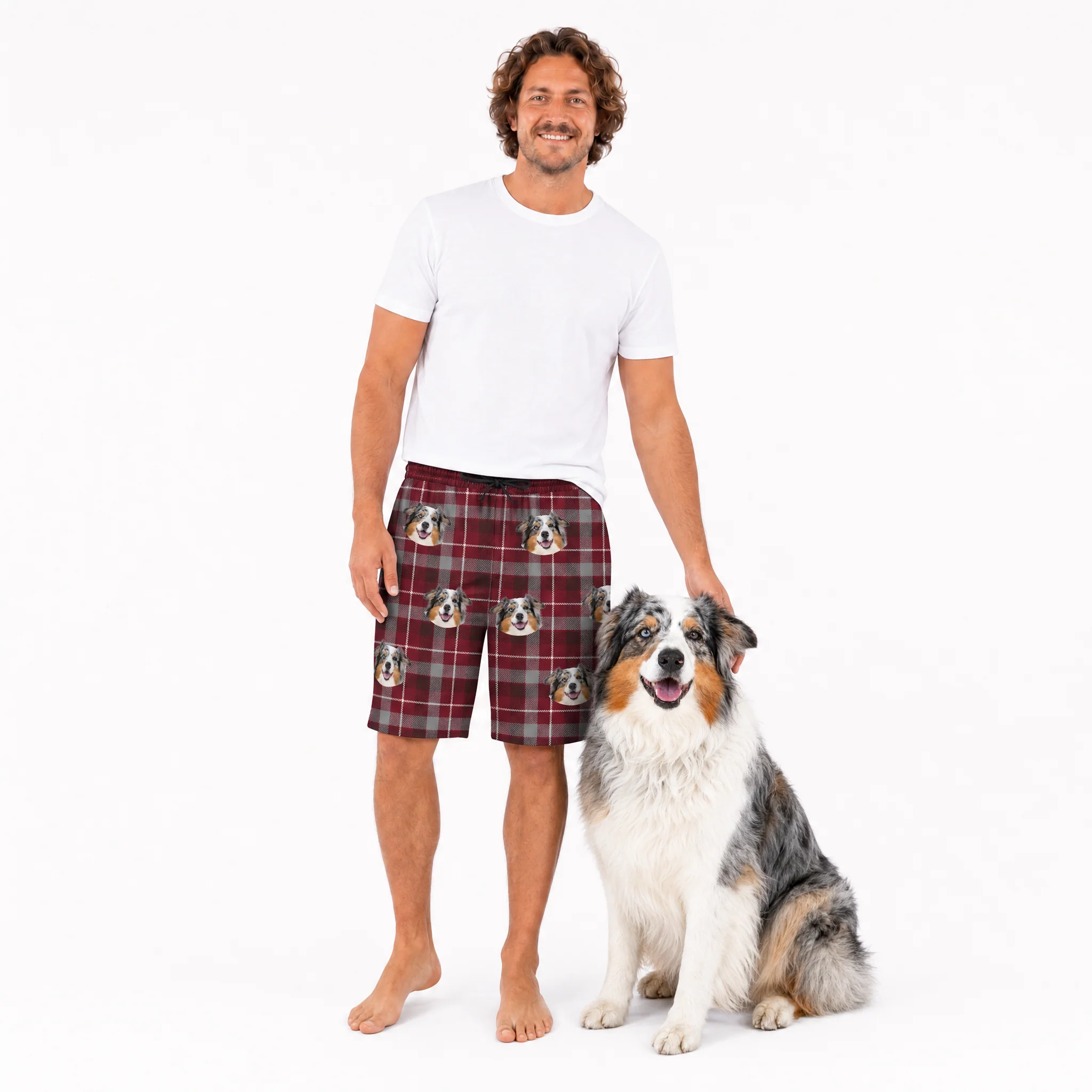 Adult Custom Pet Face Sweatshorts - Red & Gray Plaid