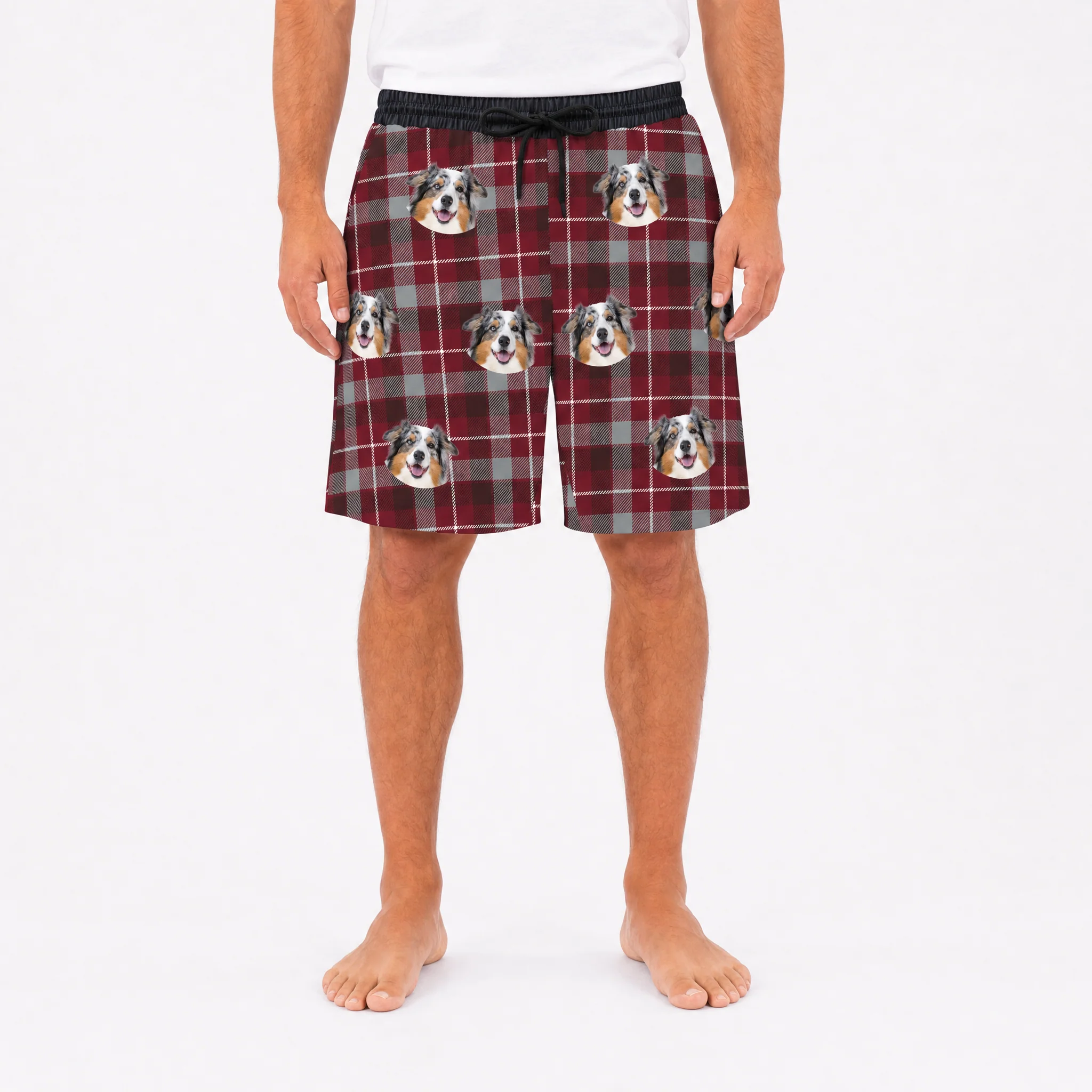 Adult Custom Pet Face Sweatshorts - Red & Gray Plaid - Image 2