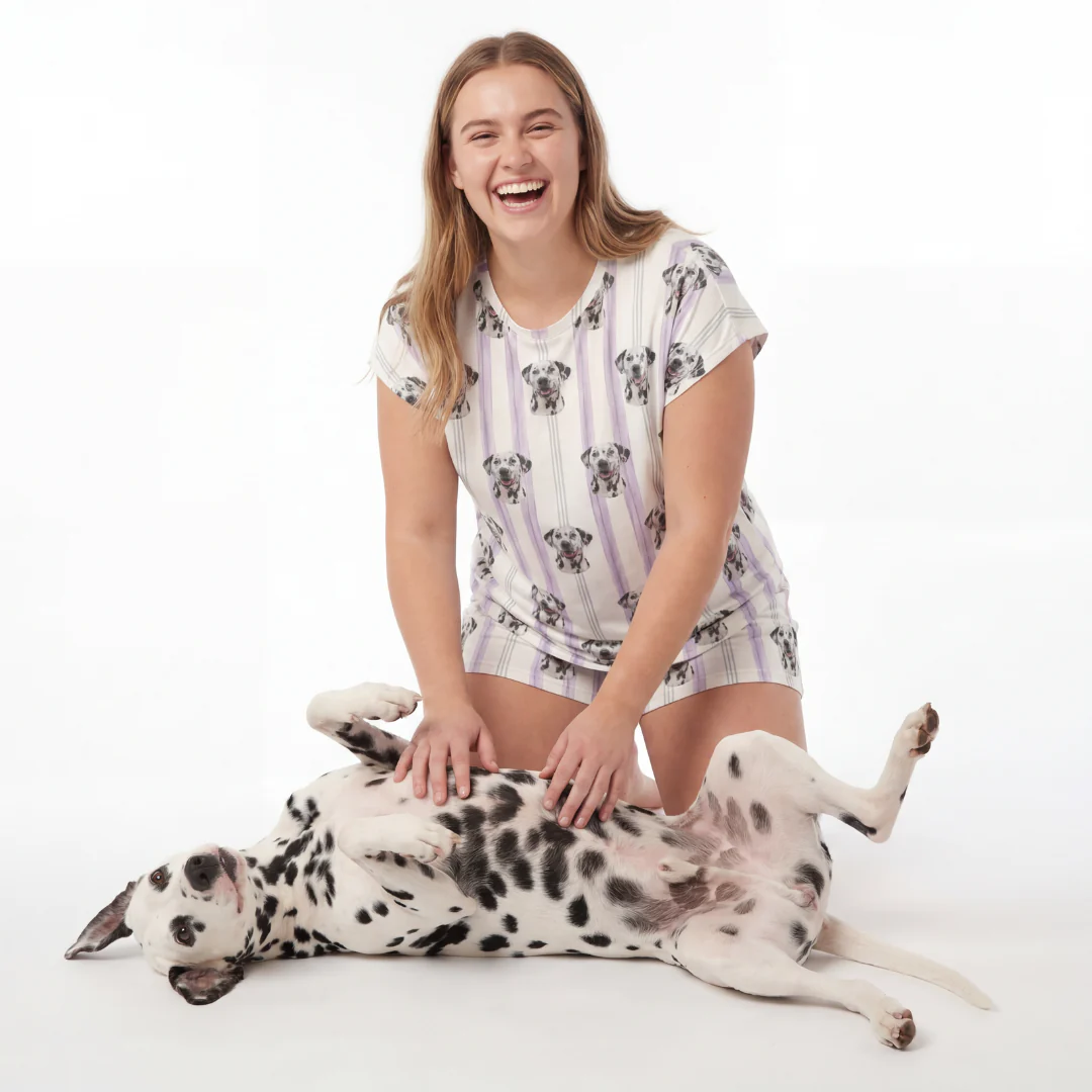 Fitted T-Shirt Pajama Set | Pet Face Pajamas - Lilac Stripes - Image 2