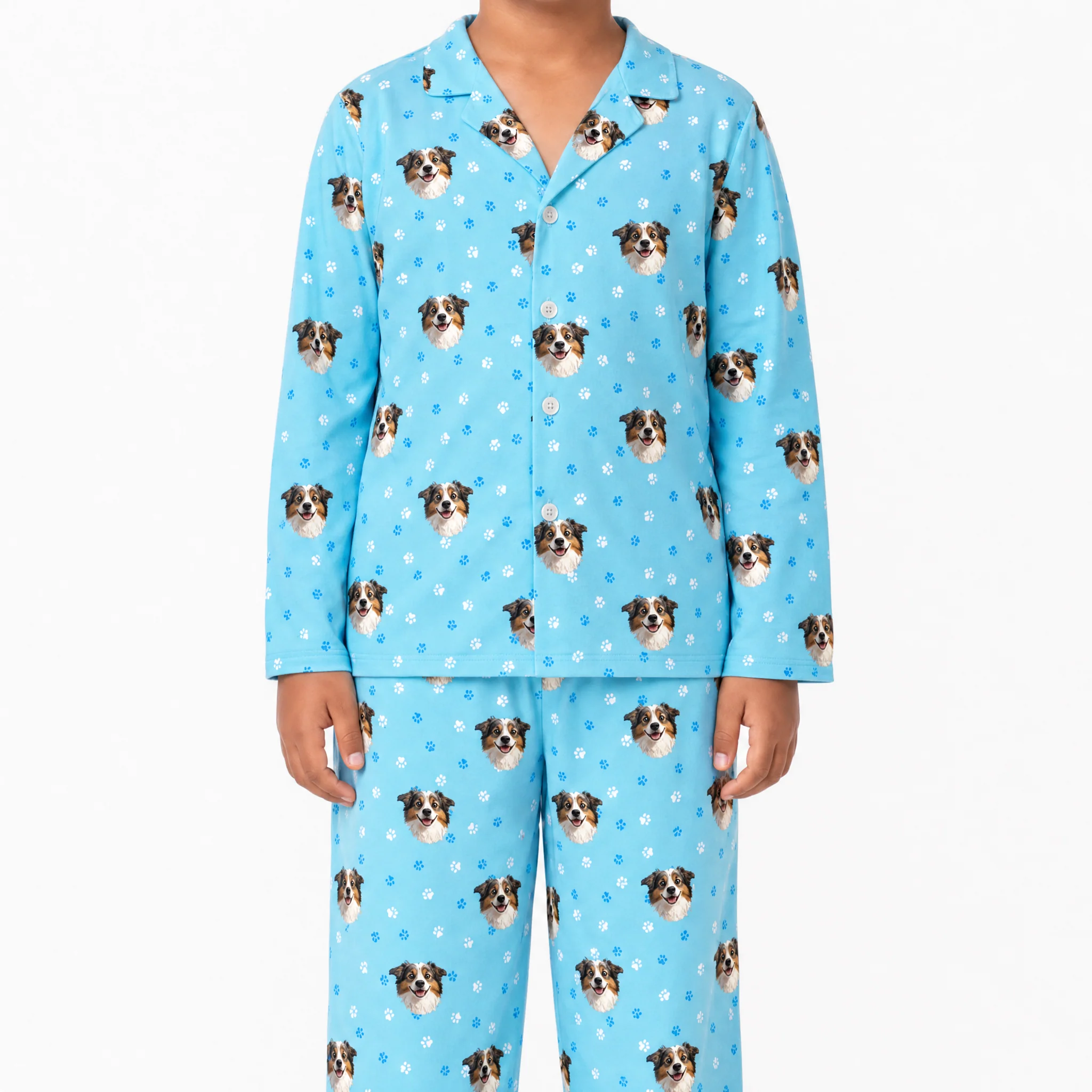 Kids Custom Cartoon Pet Face Pajamas - Light Blue Paws - Image 2