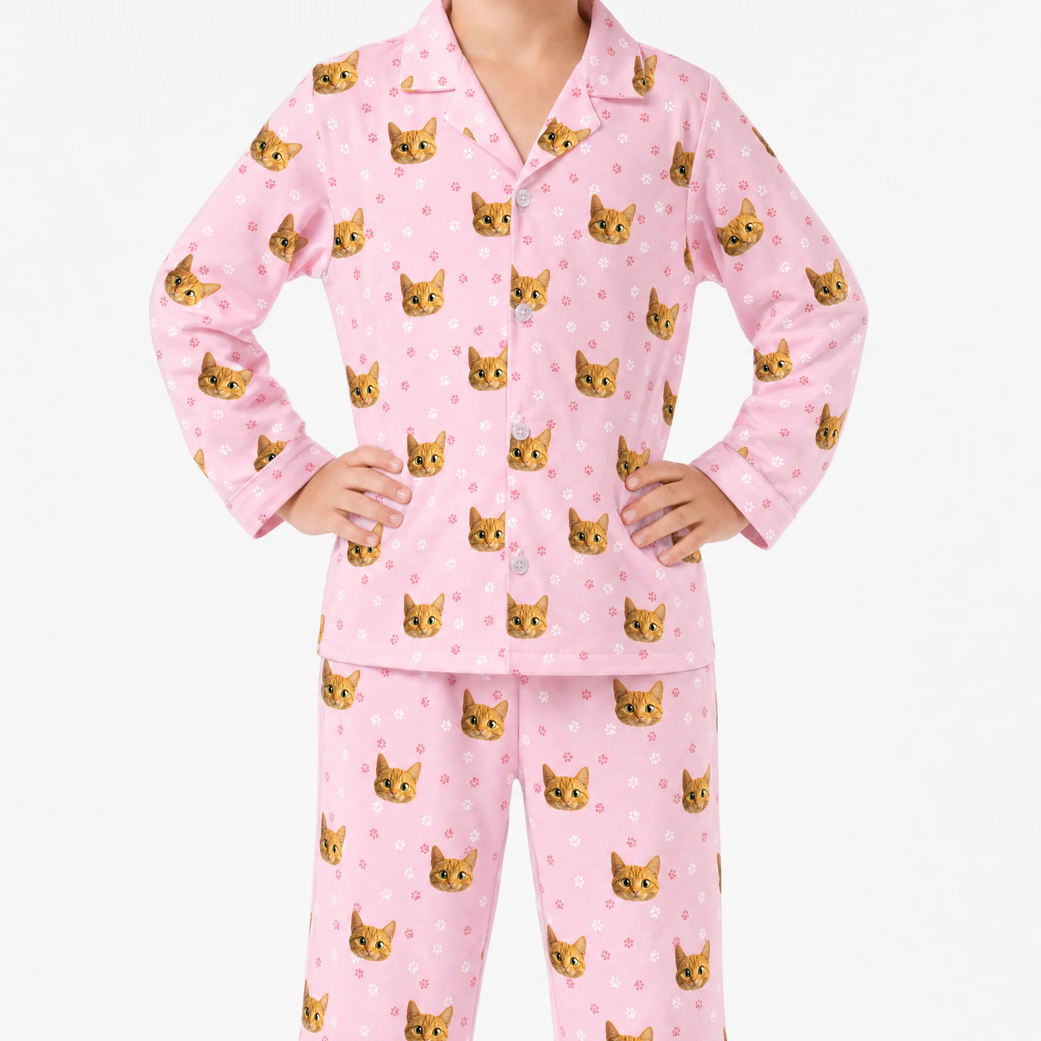 Kids Custom Cartoon Pet Face Pajamas - Light Pink Paws - Image 2