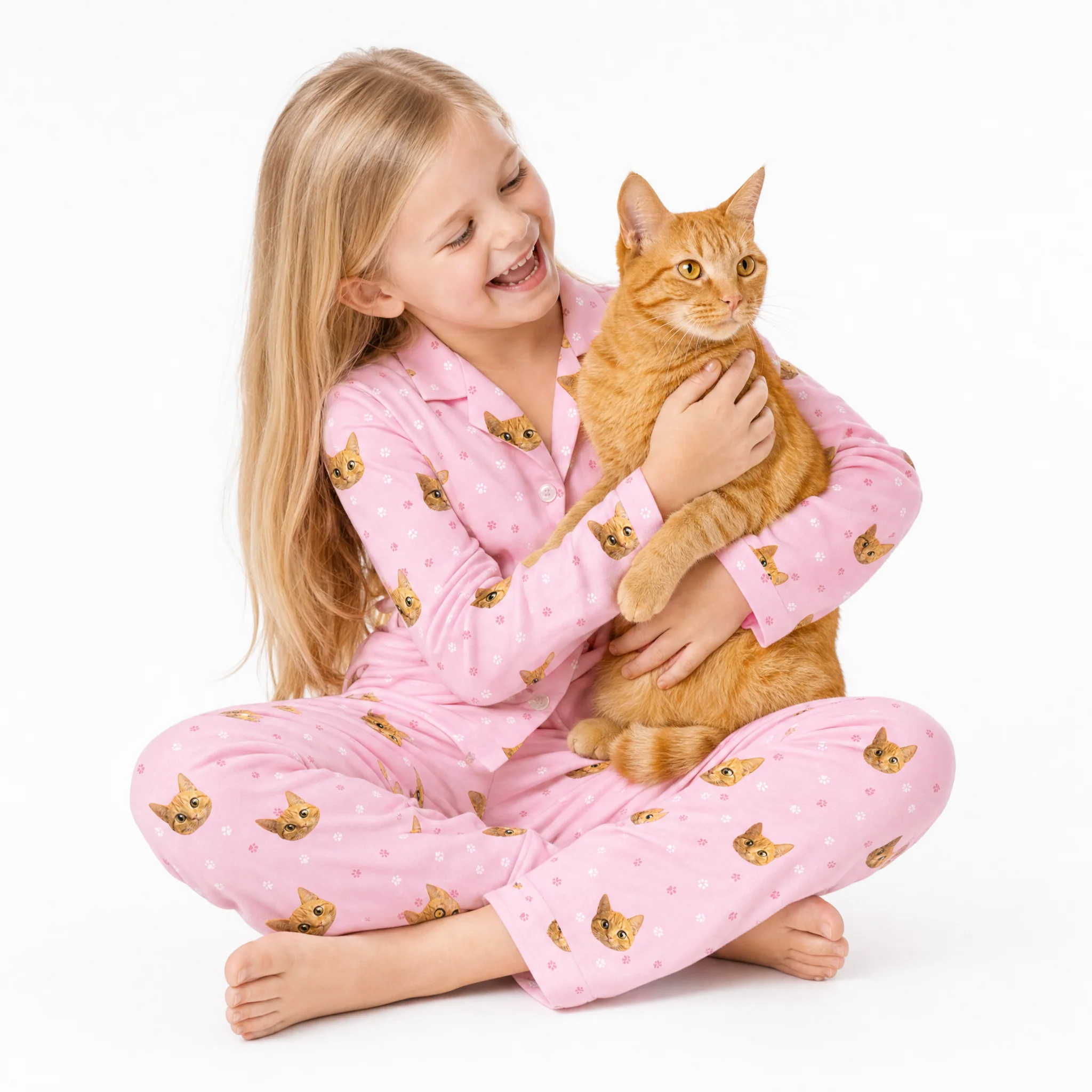 Kids Custom Cartoon Pet Face Pajamas - Light Pink Paws - Image 3
