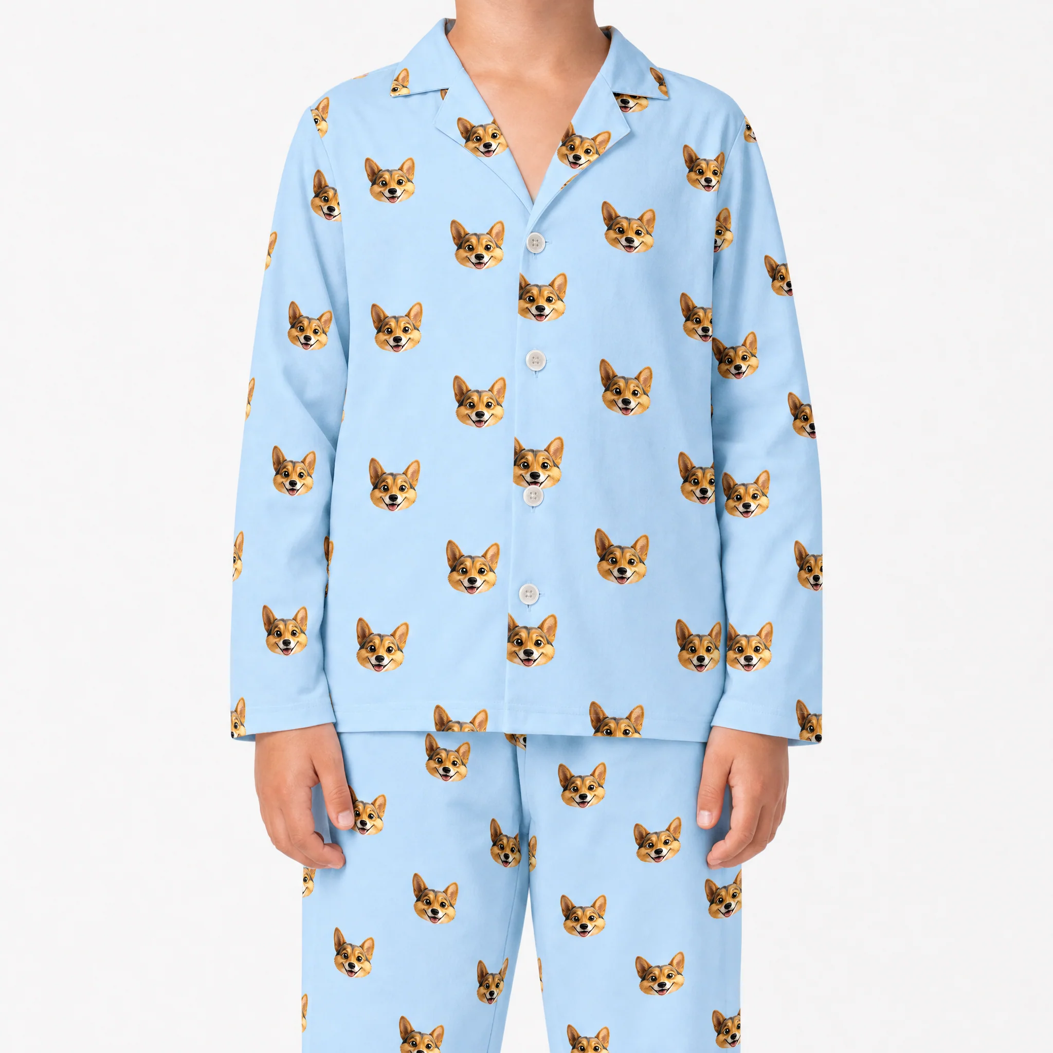 Kids Custom Cartoon Pet Face Pajamas - Sky Blue - Image 2