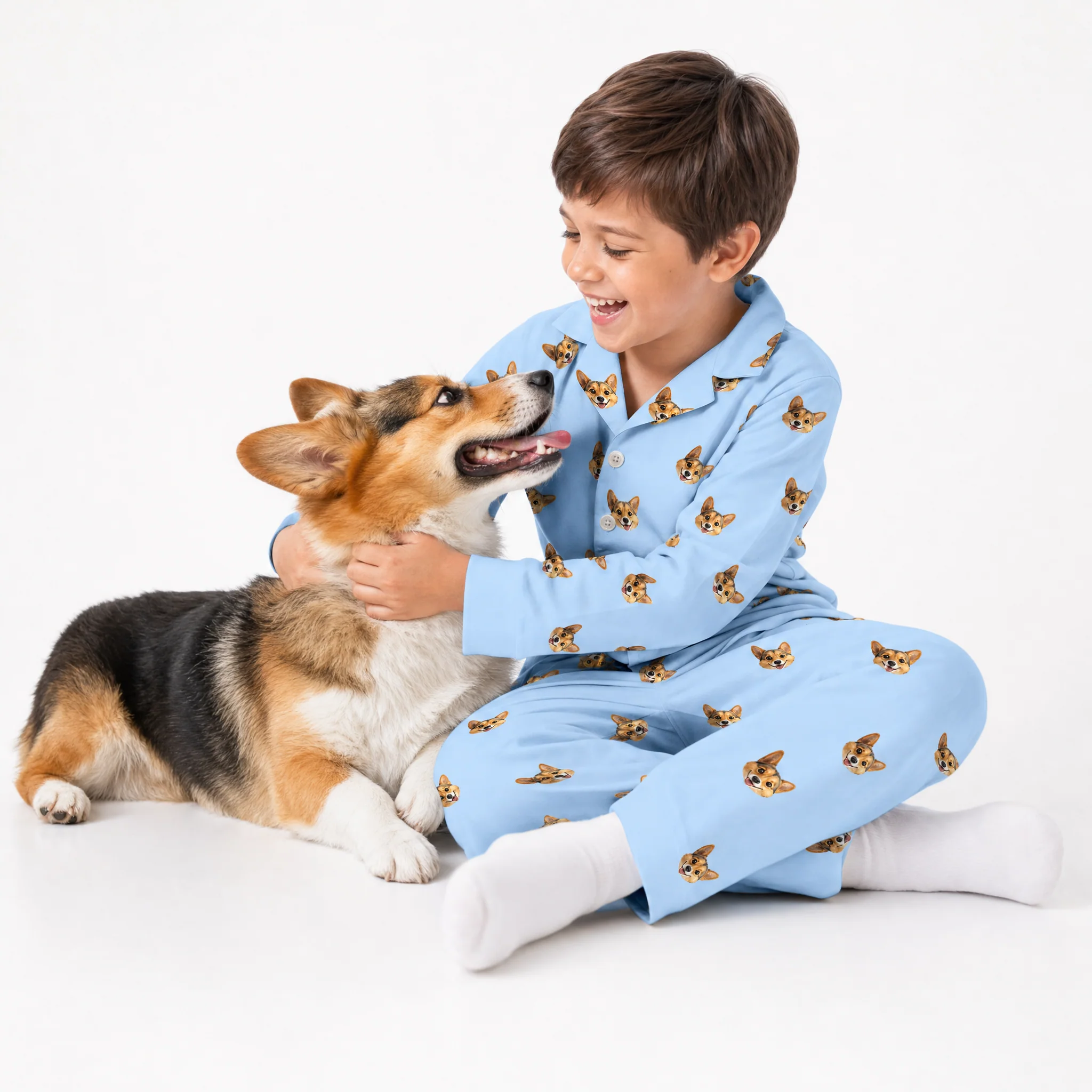 Kids Custom Cartoon Pet Face Pajamas - Sky Blue - Image 3