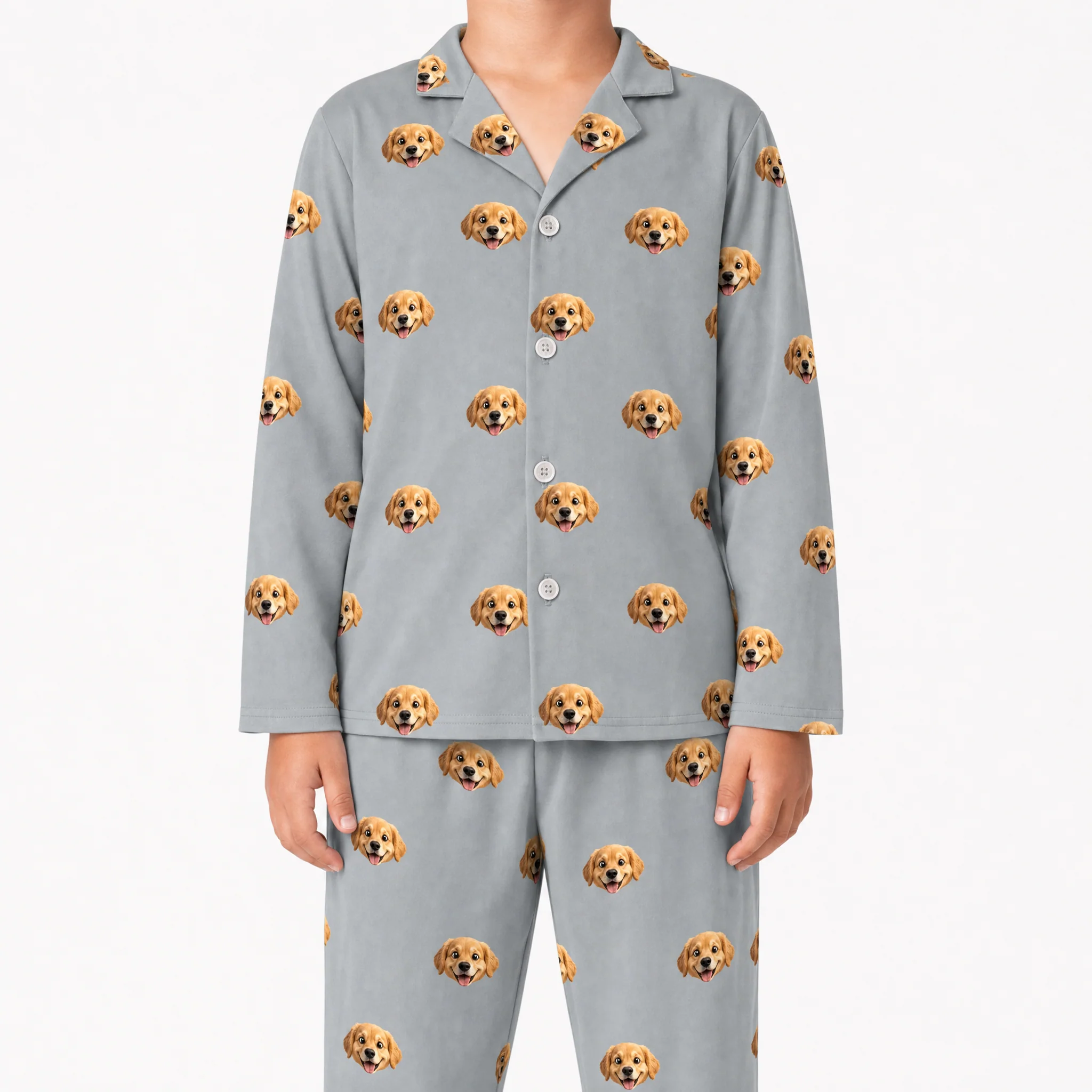 Kids Custom Cartoon Pet Face Pajamas - Slate Gray - Image 2