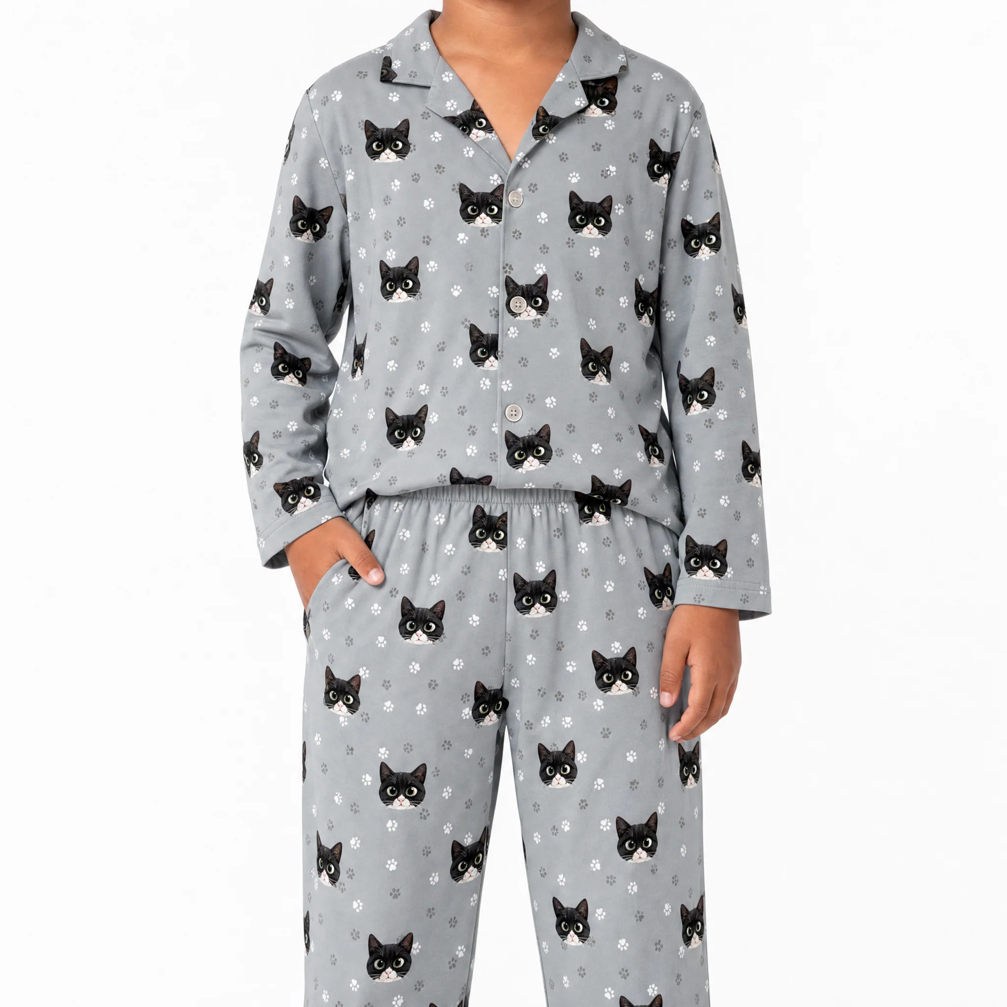 Kids Custom Cartoon Pet Face Pajamas - Slate Gray Paws - Image 2