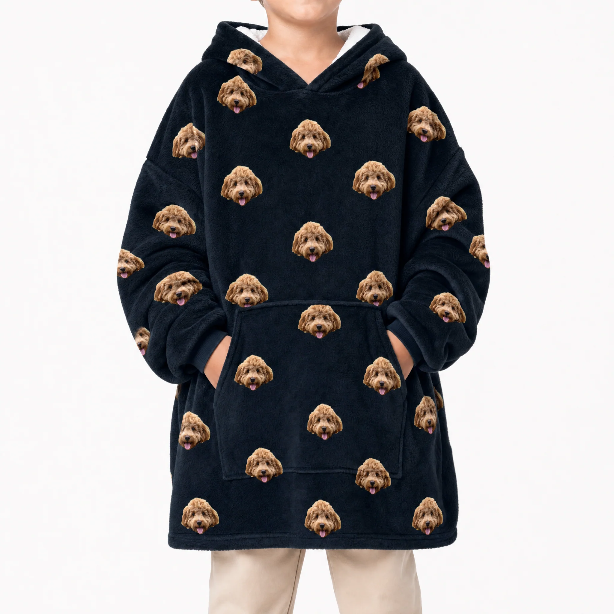 Kids Custom Pet Face Fleece Blanket Hoodie - Black - Image 2