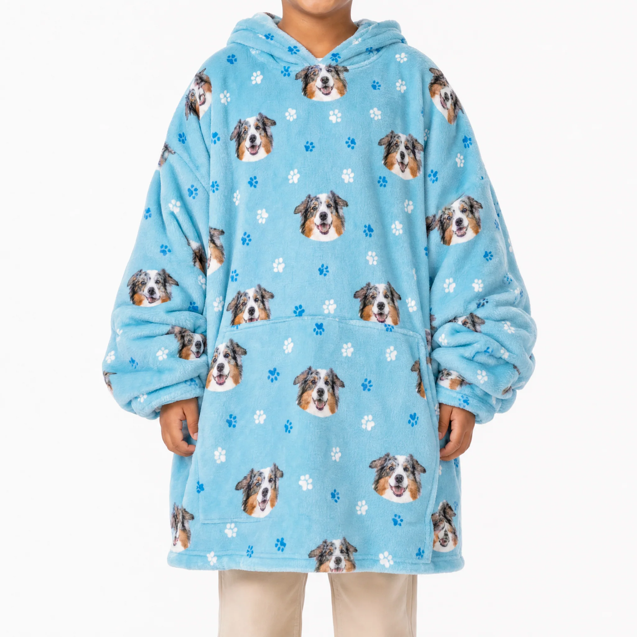 Kids Custom Pet Face Fleece Blanket Hoodie - Light Blue Paws - Image 2