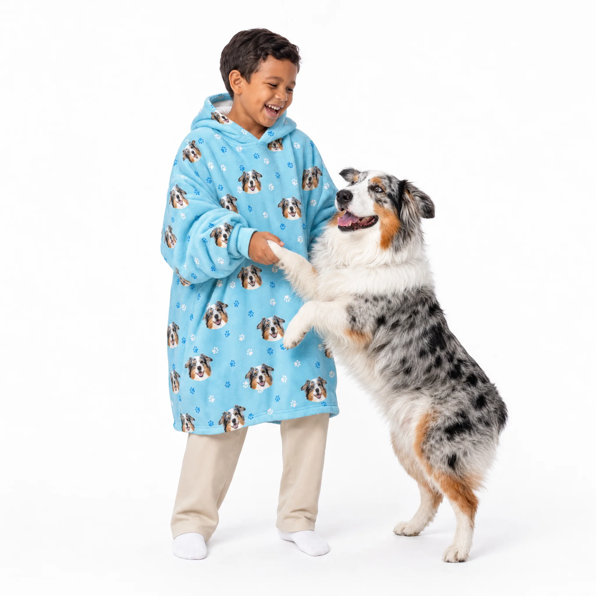 Kids Custom Pet Face Fleece Blanket Hoodie - Light Blue Paws - Image 3