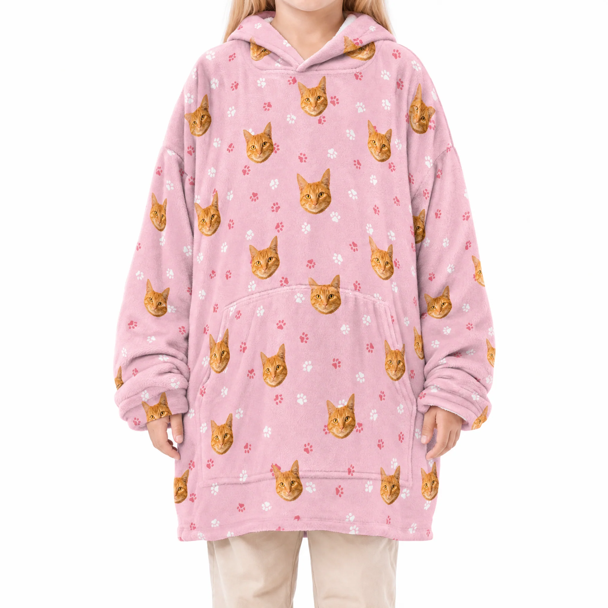 Kids Custom Pet Face Fleece Blanket Hoodie - Light Pink Paws - Image 2