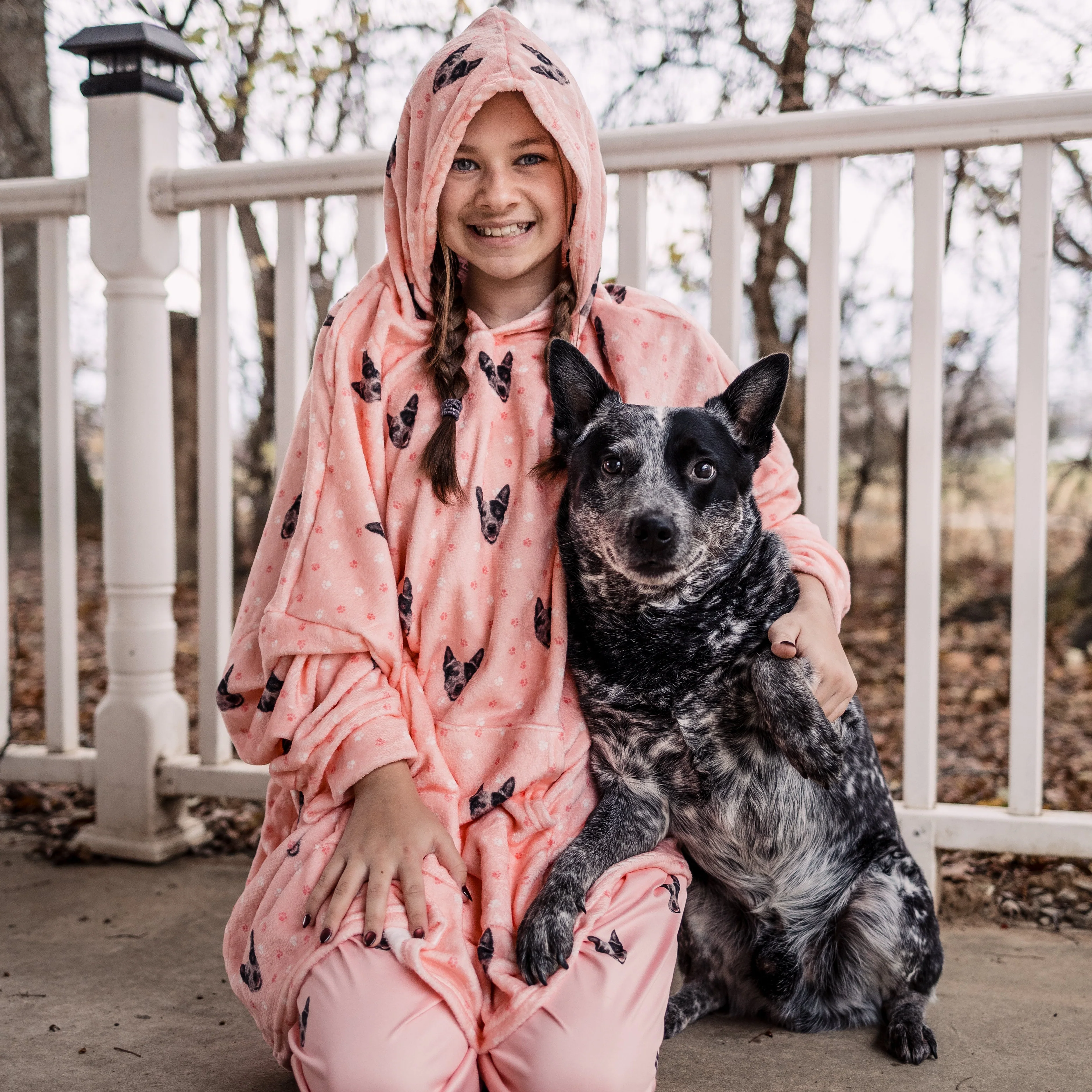 Kids Custom Pet Face Fleece Blanket Hoodie - Light Pink Paws - Image 6