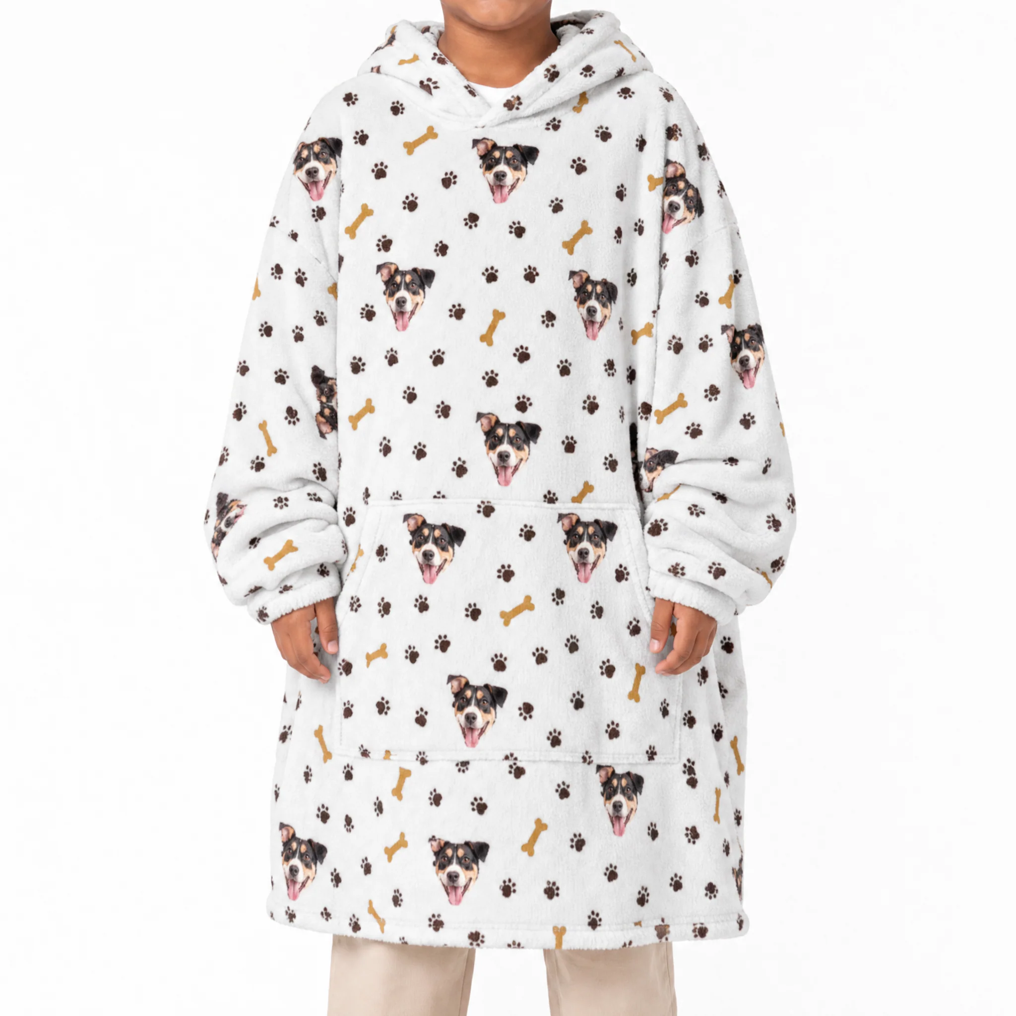 Kids Custom Pet Face Fleece Blanket Hoodie - Paws and Bones - Image 2