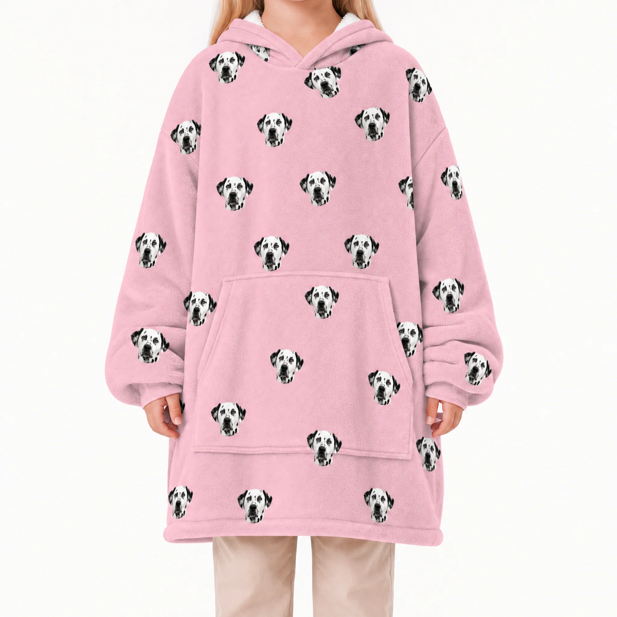 Kids Custom Pet Face Fleece Blanket Hoodie - Pink Dream - Image 2