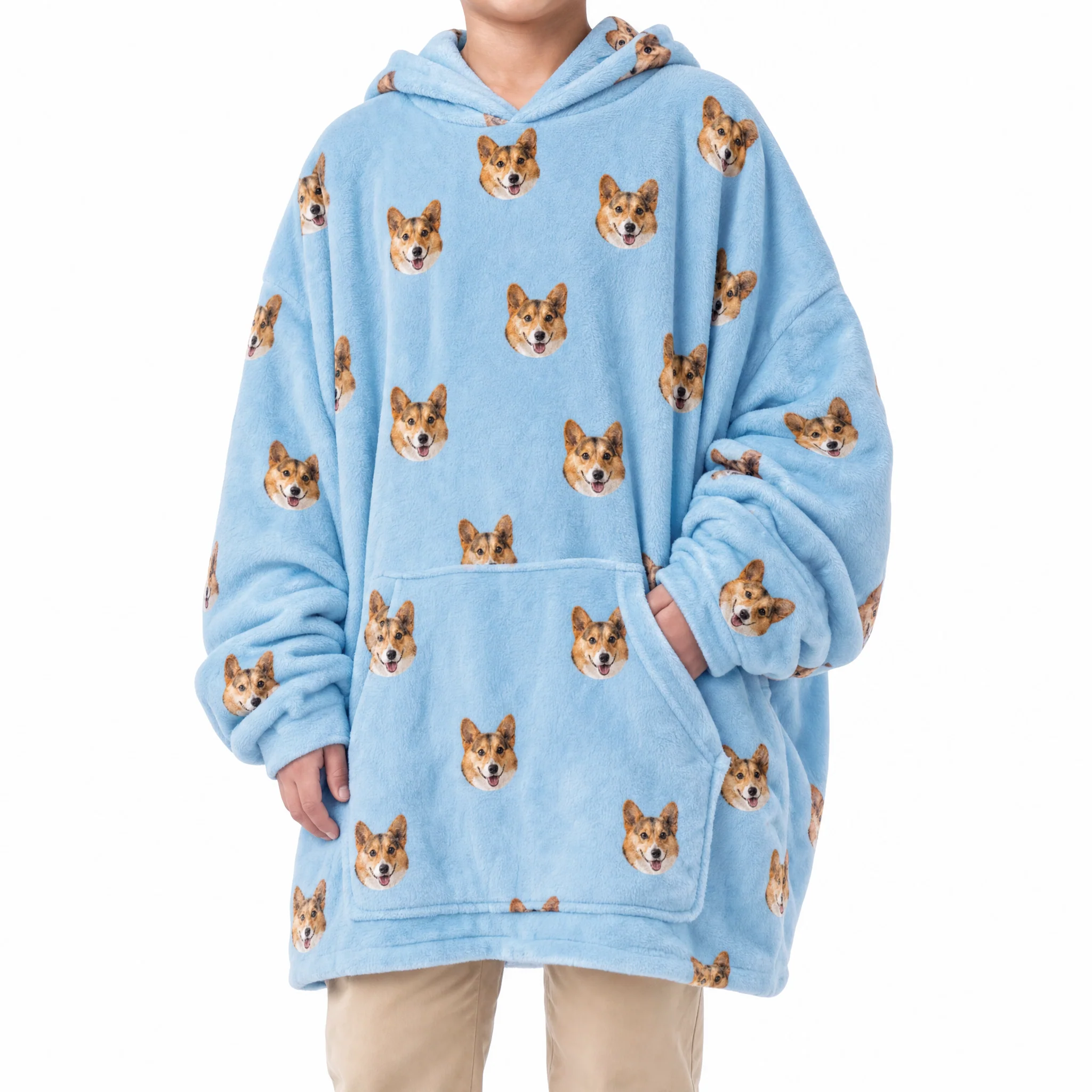 Kids Custom Pet Face Fleece Blanket Hoodie - Sky Blue - Image 2