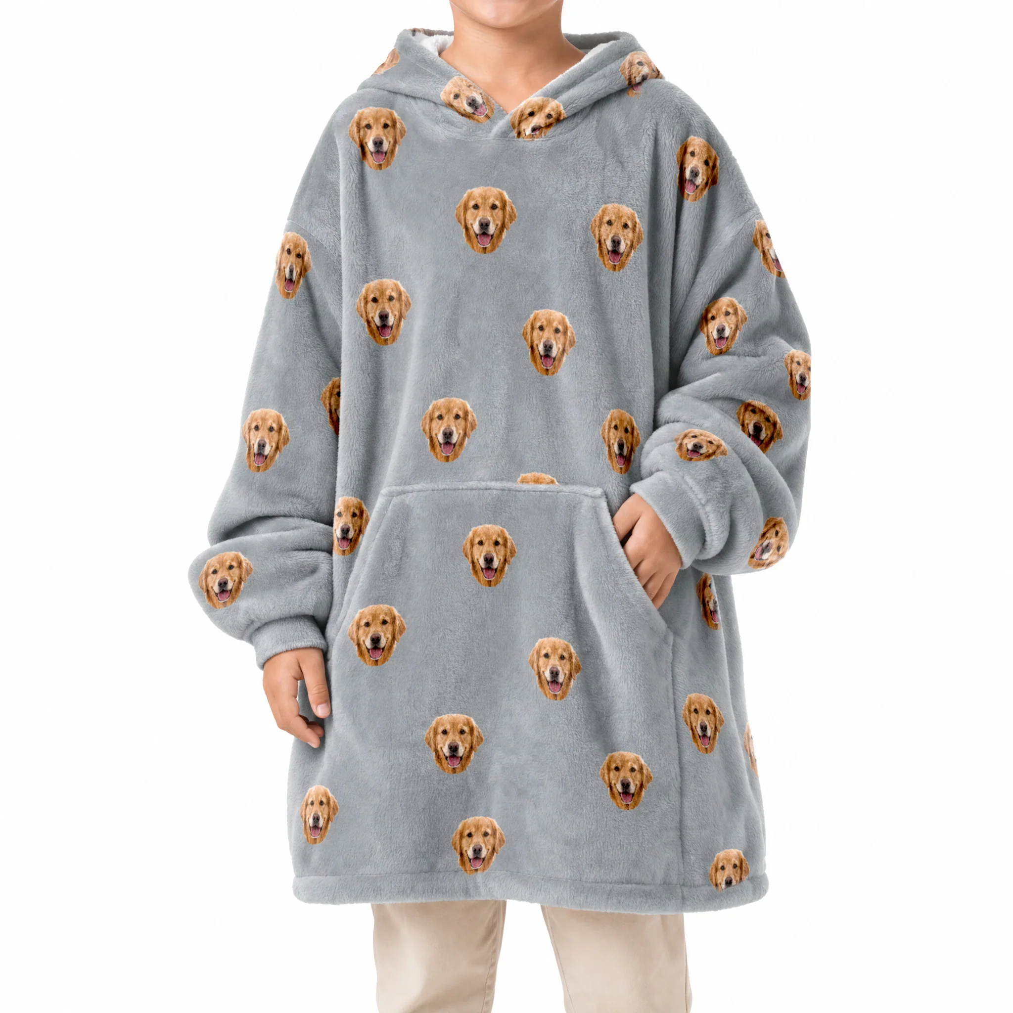 Kids Custom Pet Face Fleece Blanket Hoodie - Slate Gray - Image 2